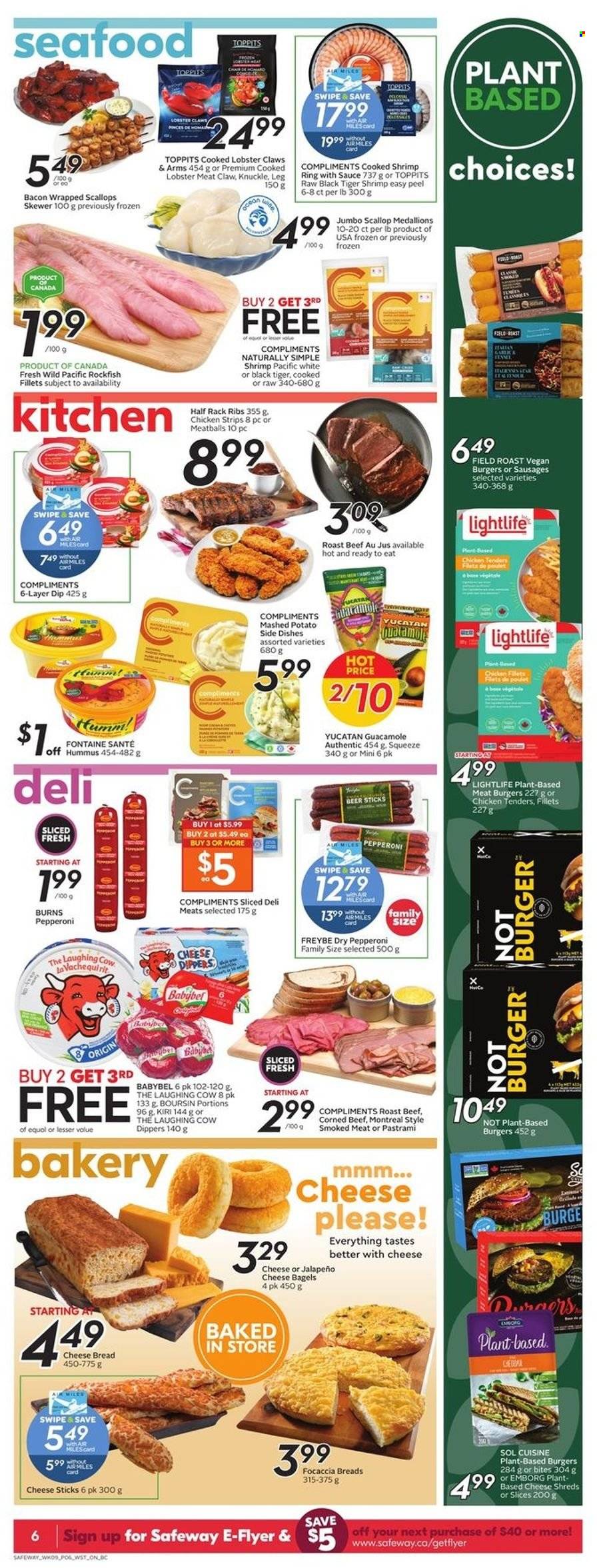 thumbnail - Safeway Flyer - June 30, 2022 - July 06, 2022 - Sales products - bagels, bread, focaccia, bacon wrapped scallops, lobster, rockfish, scallops, seafood, shrimps, chicken tenders, meatballs, hamburger, veggie burger, bacon, pastrami, sausage, pepperoni, hummus, guacamole, corned beef, cheddar, cheese, Kiri, The Laughing Cow, Babybel, dip, strips, chicken strips, cheese sticks, beer, Sol, beef meat, roast beef. Page 8.