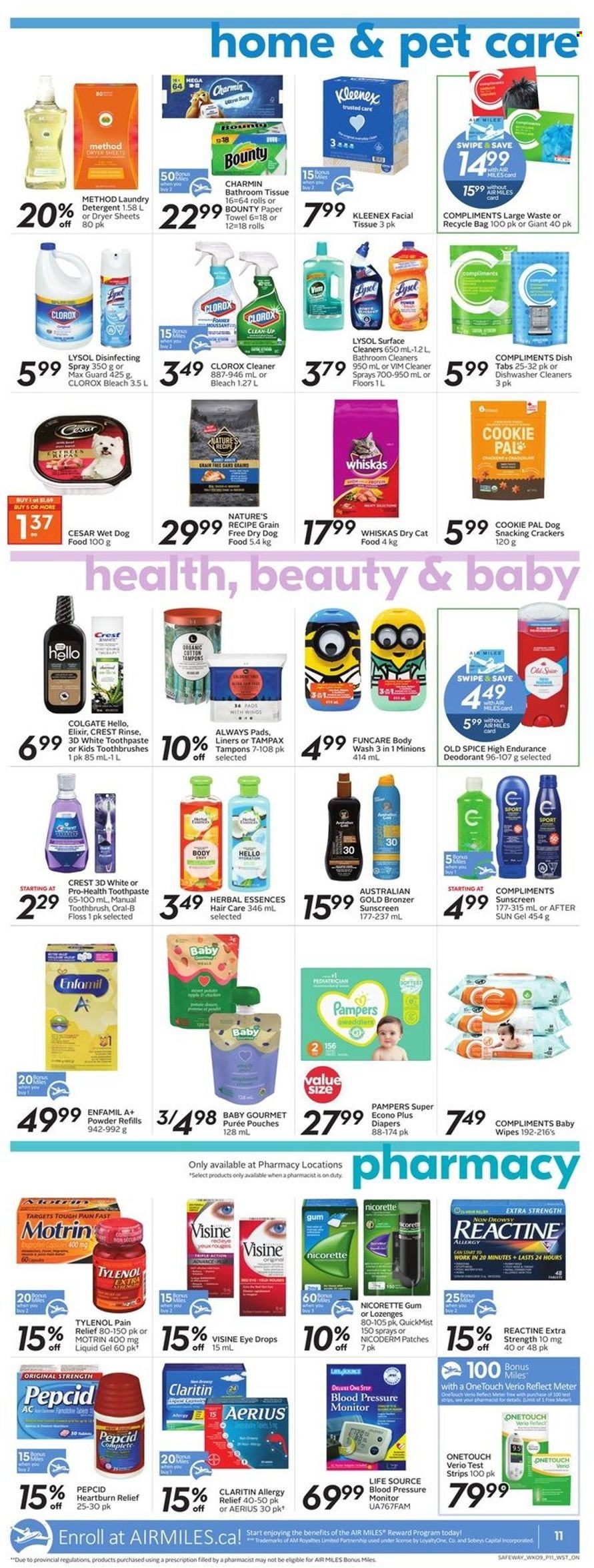 thumbnail - Safeway Flyer - June 30, 2022 - July 06, 2022 - Sales products - Australian Gold, Bounty, crackers, spice, Enfamil, baby food pouch, wipes, baby wipes, nappies, bath tissue, Kleenex, paper towels, Charmin, cleaner, bleach, Lysol, Clorox, laundry detergent, dryer sheets, body wash, Minions, toothbrush, toothpaste, Crest, Always pads, tampons, Herbal Essences, anti-perspirant, bronzing powder, animal food, cat food, dog food, wet dog food, dry dog food, dry cat food, pain relief, NicoDerm, Nicorette, Tylenol, Pepcid, eye drops, Nicorette Gum, allergy relief, Motrin, pressure monitor, detergent, Colgate, Tampax, Pampers, Old Spice, Oral-B, Whiskas, deodorant. Page 14.