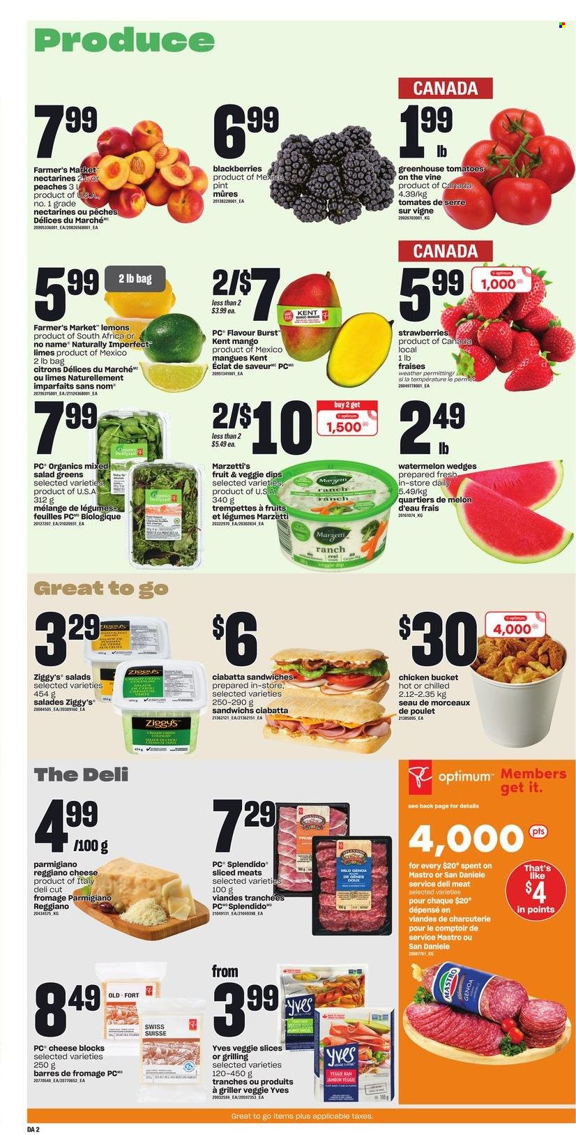 thumbnail - Dominion Flyer - June 30, 2022 - July 06, 2022 - Sales products - tomatoes, salad, blackberries, limes, mango, nectarines, strawberries, watermelon, melons, lemons, peaches, No Name, sandwich, ham, cheese, Parmigiano Reggiano, dip, Eclat, Optimum, greenhouse, ciabatta, salad greens. Page 3.
