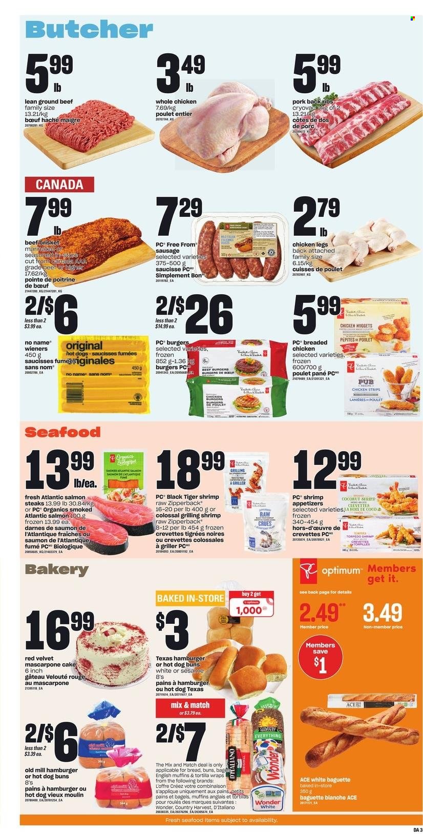 thumbnail - Dominion Flyer - June 30, 2022 - July 06, 2022 - Sales products - bagels, english muffins, tortillas, cake, buns, wraps, salmon, seafood, shrimps, No Name, nuggets, fried chicken, chicken nuggets, beef burger, sausage, Country Harvest, strips, chicken strips, whole chicken, chicken legs, chicken, beef meat, ground beef, beef brisket, pork meat, pork ribs, pork back ribs, Smoby, Optimum, baguette, mascarpone, steak. Page 4.