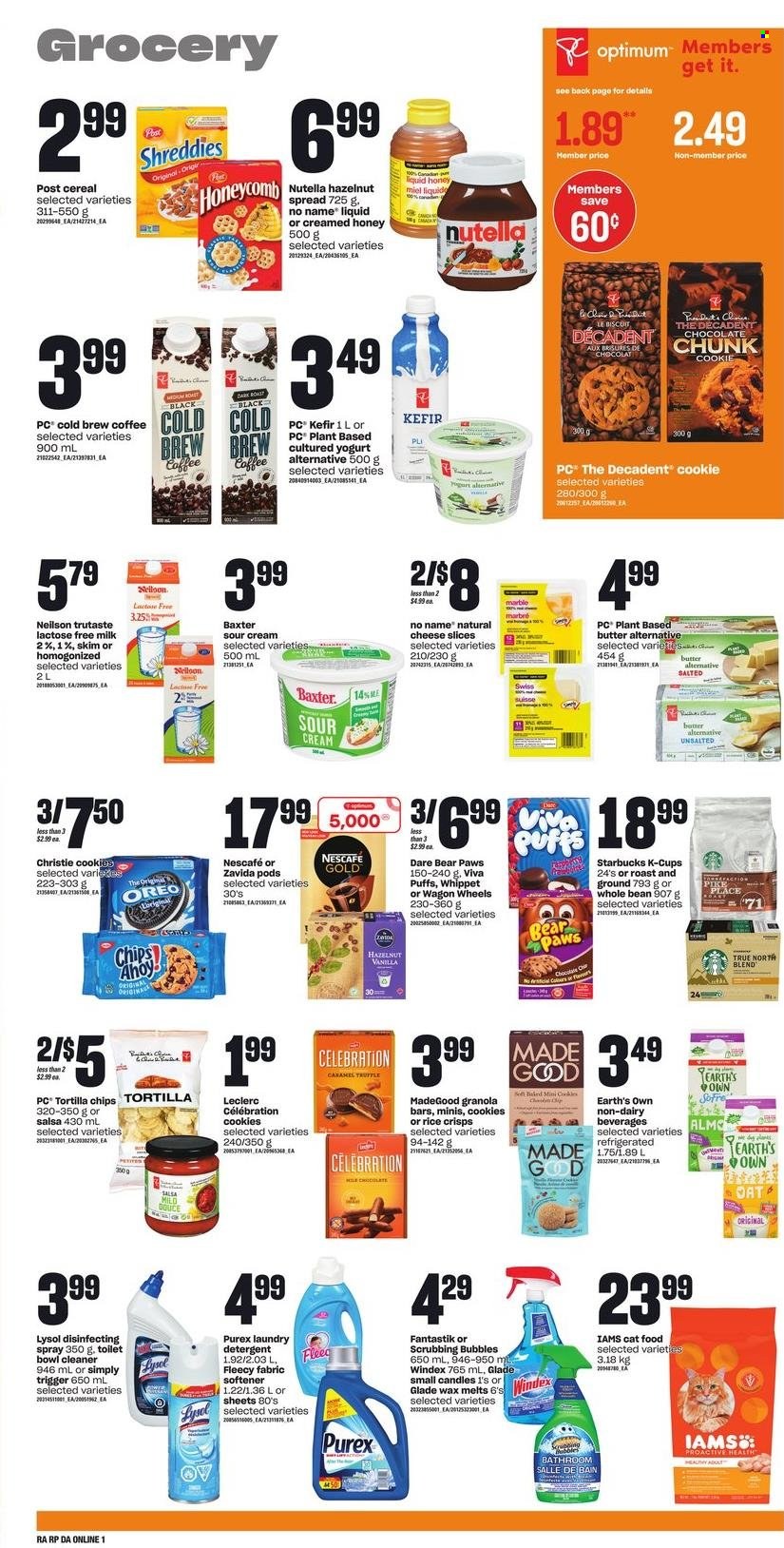 thumbnail - Dominion Flyer - June 30, 2022 - July 06, 2022 - Sales products - puffs, No Name, sliced cheese, cheese, yoghurt, milk, Milo, lactose free milk, kefir, butter, sour cream, cookies, chocolate, truffles, Celebration, tortilla chips, chips, rice crisps, cereals, granola bar, rice, salsa, honey, hazelnut spread, Coca-Cola, coffee, coffee capsules, Starbucks, K-Cups, Windex, Scrubbing Bubbles, cleaner, Lysol, fabric softener, laundry detergent, Purex, candle, Glade, animal food, Paws, cat food, Optimum, Iams, wagon, detergent, Nutella, Oreo, Nescafé. Page 5.