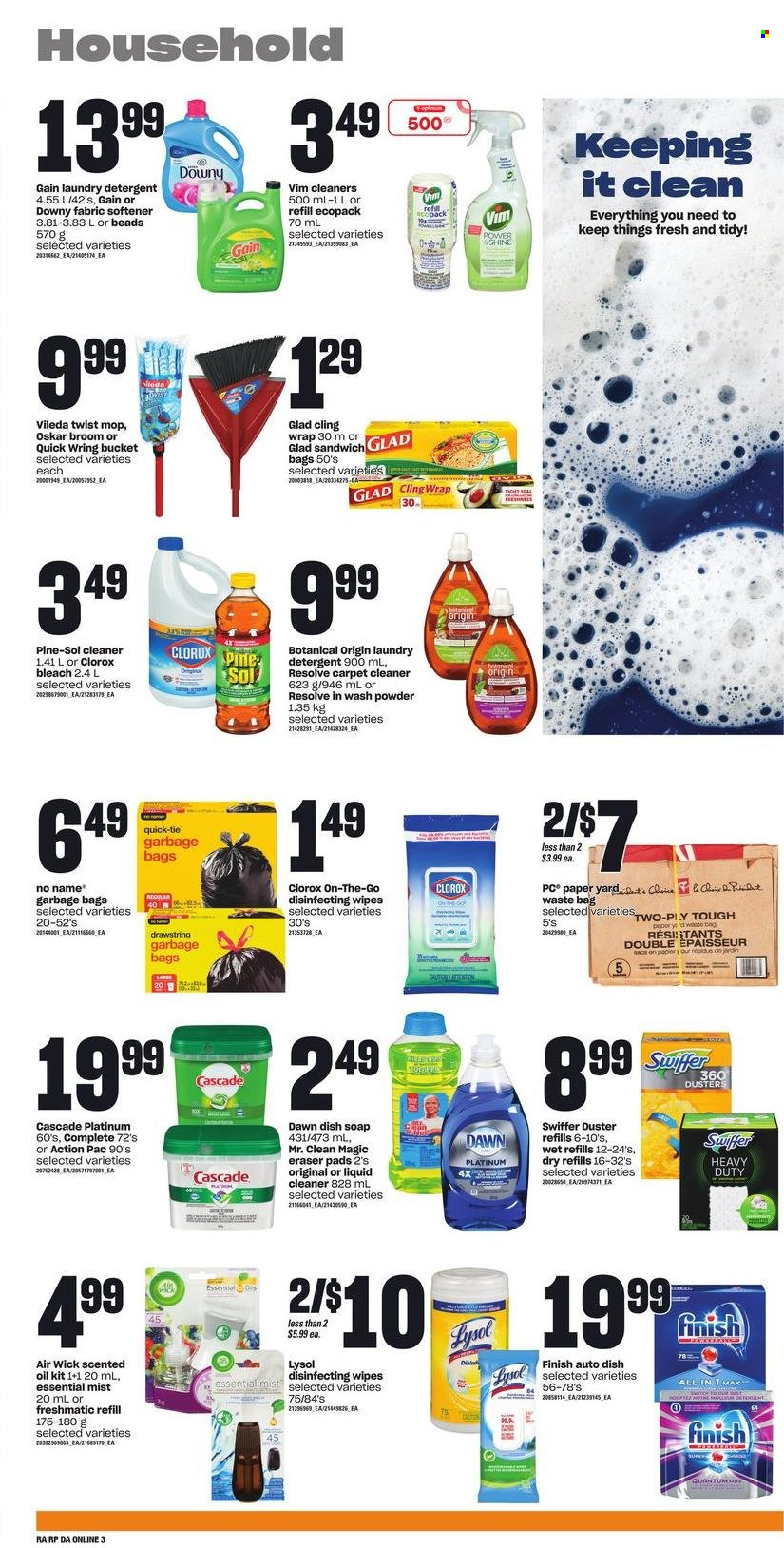 thumbnail - Dominion Flyer - June 30, 2022 - July 06, 2022 - Sales products - No Name, sandwich, Président, oil, wipes, Gain, cleaner, bleach, liquid cleaner, Lysol, Clorox, Pine-Sol, Swiffer, fabric softener, laundry detergent, Cascade, Downy Laundry, soap, bag, waste bag, Vileda, mop, duster, broom, eraser, paper, Air Wick, scented oil, Optimum, detergent. Page 7.