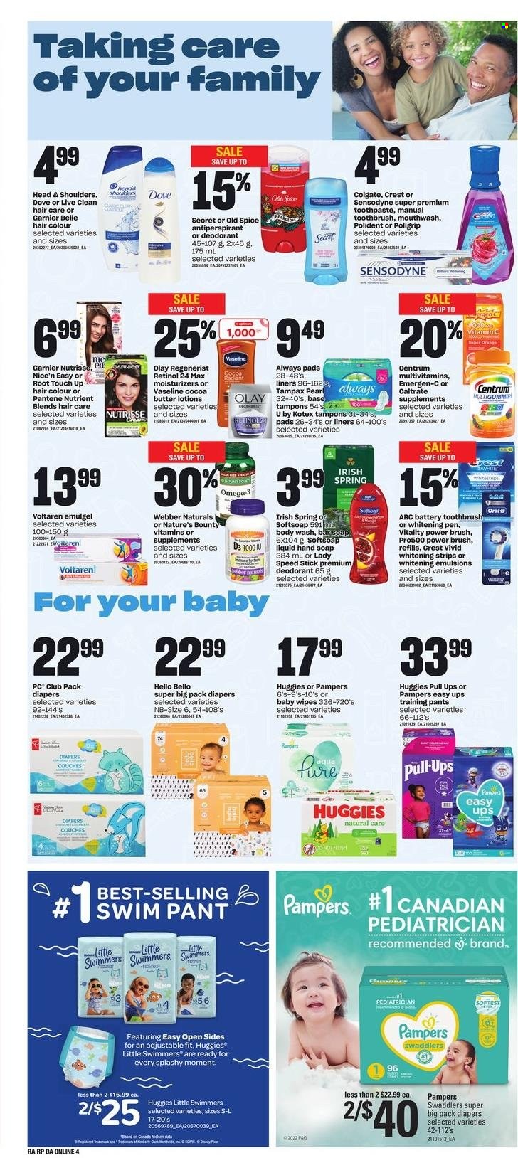 thumbnail - Dominion Flyer - June 30, 2022 - July 06, 2022 - Sales products - strips, spice, wipes, pants, baby wipes, nappies, baby pants, body wash, Softsoap, hand soap, Vaseline, soap bar, soap, toothbrush, toothpaste, mouthwash, Polident, Crest, Always pads, Kotex, tampons, moisturizer, Olay, hair color, anti-perspirant, Speed Stick, pen, multivitamin, Nature's Bounty, vitamin c, Omega-3, Emergen-C, vitamin D3, Centrum, Dove, Colgate, Garnier, Tampax, Head & Shoulders, Huggies, Pampers, Pantene, Old Spice, Oral-B, Sensodyne, oranges, deodorant. Page 10.