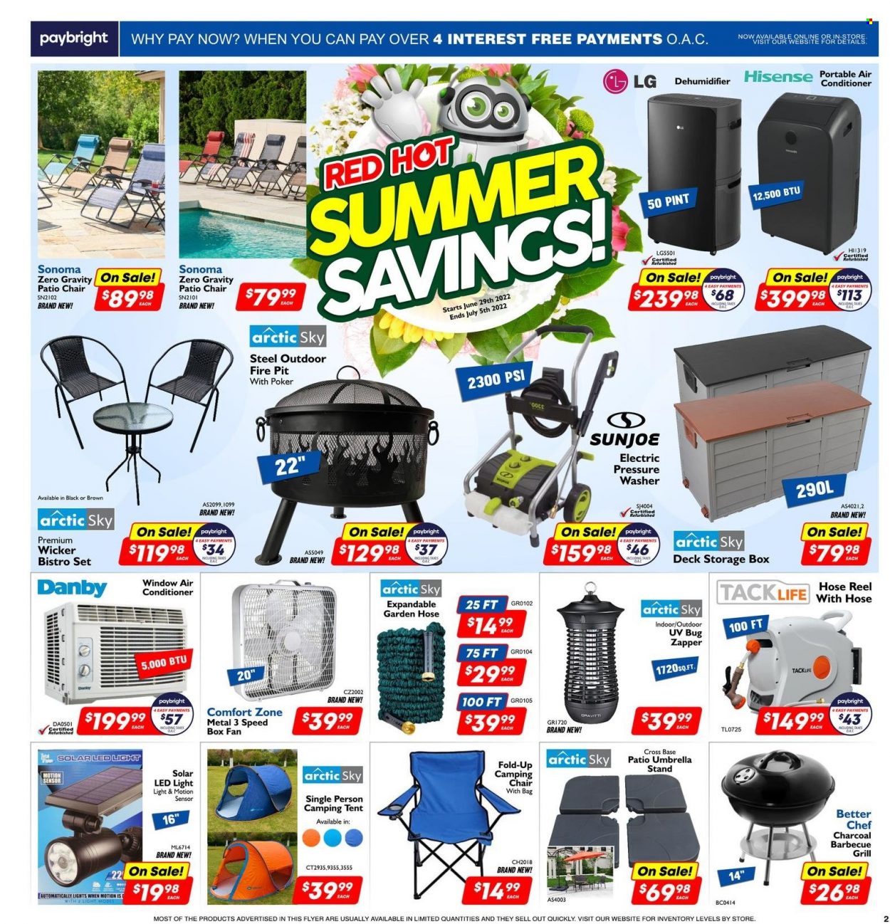 thumbnail - Factory Direct Flyer - June 29, 2022 - July 05, 2022 - Sales products - chair, cake, bag, motion sensor, Hisense, Danby, air conditioner, portable air conditioner, wall fan, storage box, LED light, solar led, grill, fire bowl, hose reel, garden hose, tent, camping chair, camping tent, LG. Page 2.
