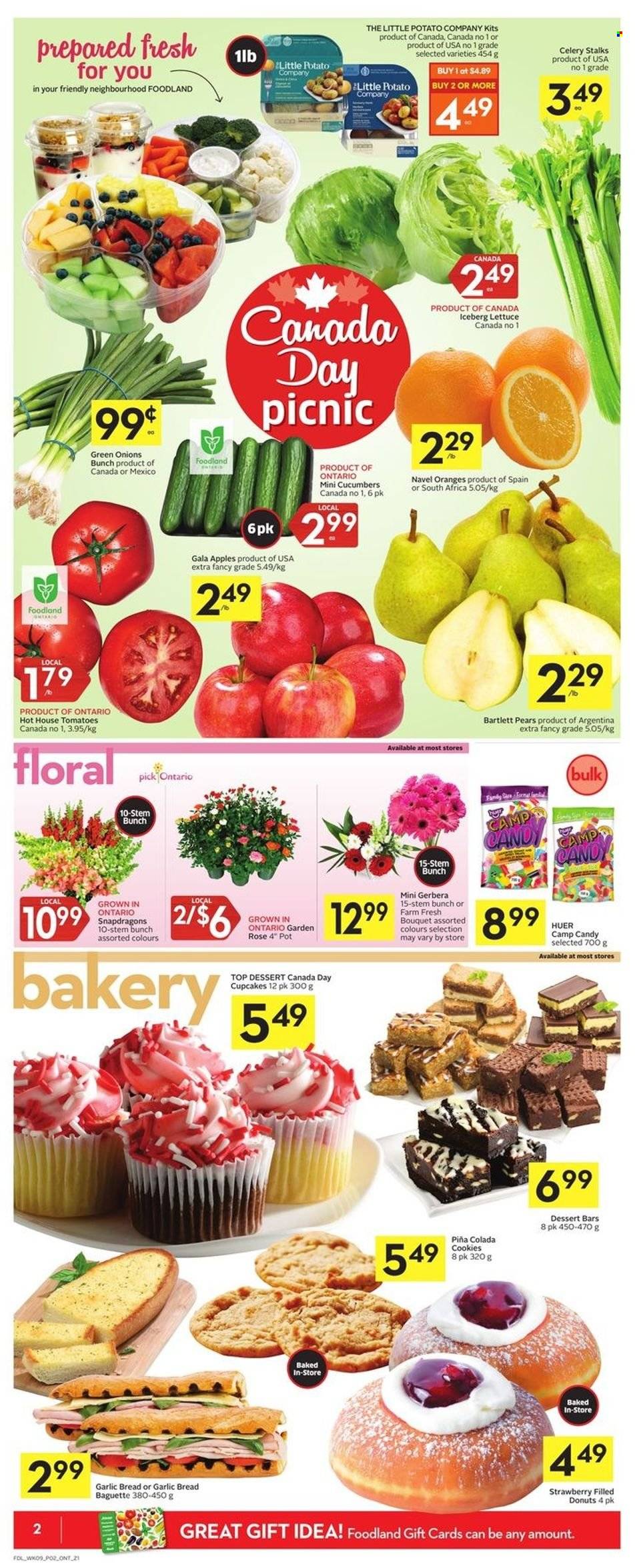 thumbnail - Foodland Flyer - June 30, 2022 - July 06, 2022 - Sales products - bread, cupcake, donut, celery, cucumber, tomatoes, green onion, sleeved celery, apples, Bartlett pears, Gala, pears, navel oranges, cookies, wine, rosé wine, pot, bouquet, gerbera, rose, baguette, oranges. Page 2.