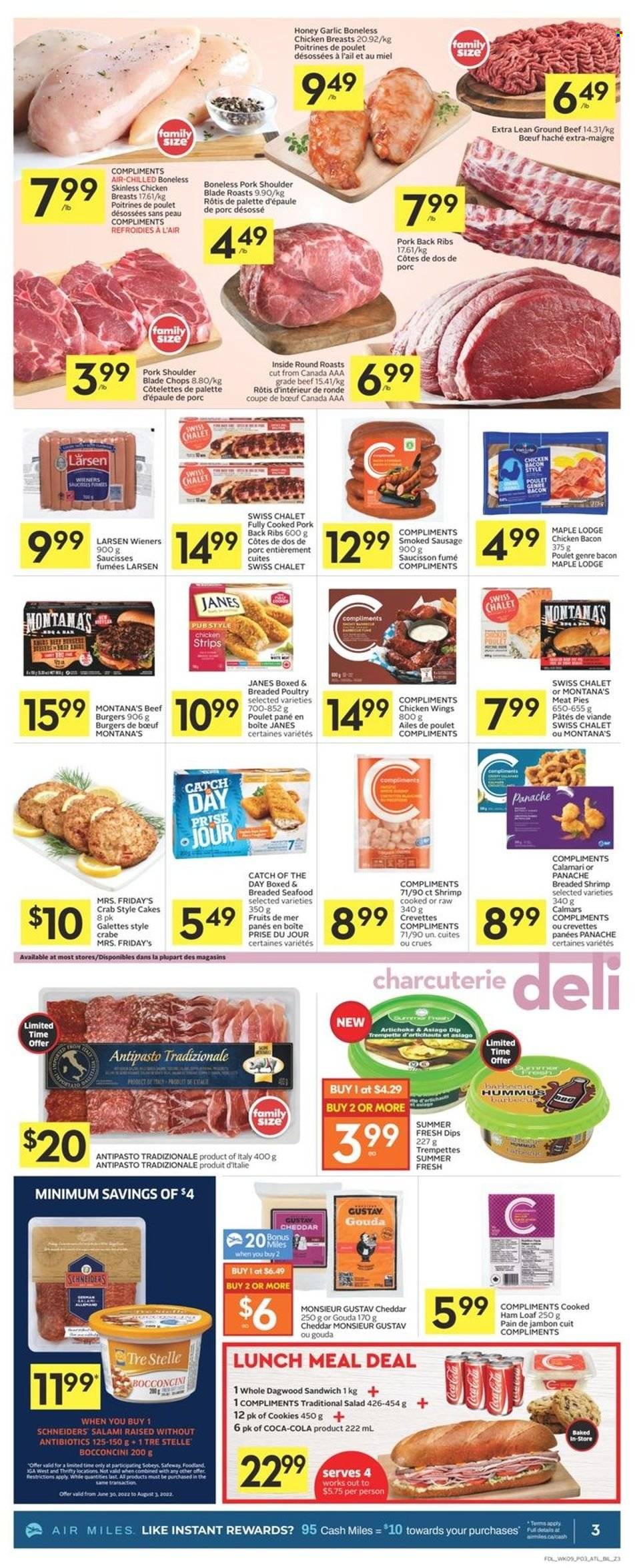 thumbnail - Co-op Flyer - June 30, 2022 - July 06, 2022 - Sales products - cake, garlic, calamari, seafood, crab, shrimps, sandwich, hamburger, dagwood, beef burger, bacon, cooked ham, salami, ham, sausage, smoked sausage, hummus, asiago, bocconcini, gouda, cheddar, cheese, chicken wings, strips, chicken strips, cookies, honey, Coca-Cola, beef meat, ground beef, pork meat, pork ribs, pork shoulder, pork back ribs, Palette. Page 3.