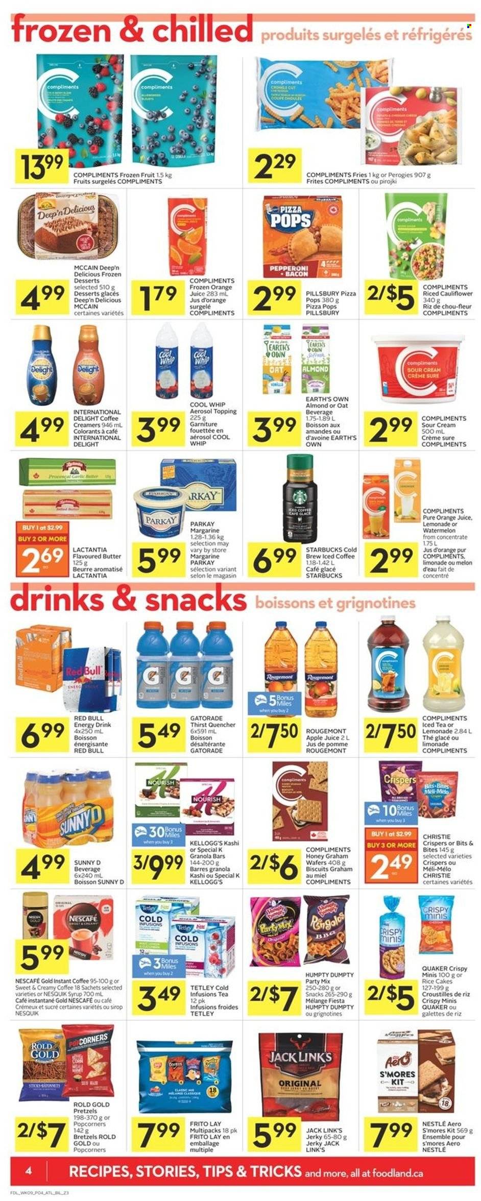 thumbnail - Co-op Flyer - June 30, 2022 - July 06, 2022 - Sales products - pretzels, watermelon, melons, pizza, Pillsbury, Quaker, bacon, jerky, pepperoni, butter, margarine, Cool Whip, sour cream, McCain, potato fries, wafers, Kellogg's, biscuit, popcorn, Jack Link's, topping, granola bar, honey, syrup, apple juice, lemonade, orange juice, juice, energy drink, ice tea, Red Bull, Gatorade, iced coffee, instant coffee, Starbucks, Rin, Sure, Nestlé, Nescafé, Nesquik. Page 4.