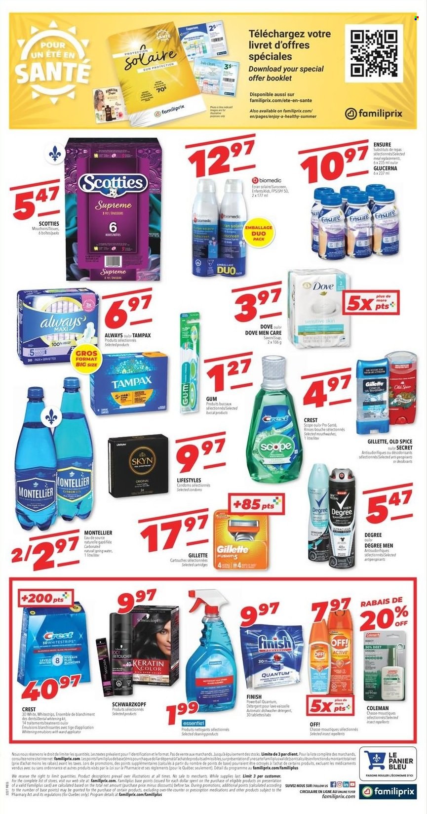 thumbnail - Familiprix Flyer - June 30, 2022 - July 06, 2022 - Sales products - soup, spice, spring water, tissues, Finish Powerball, Crest, Gillette, keratin, Glucerna, detergent, Dove, Tampax, Old Spice, Schwarzkopf, deodorant. Page 6.
