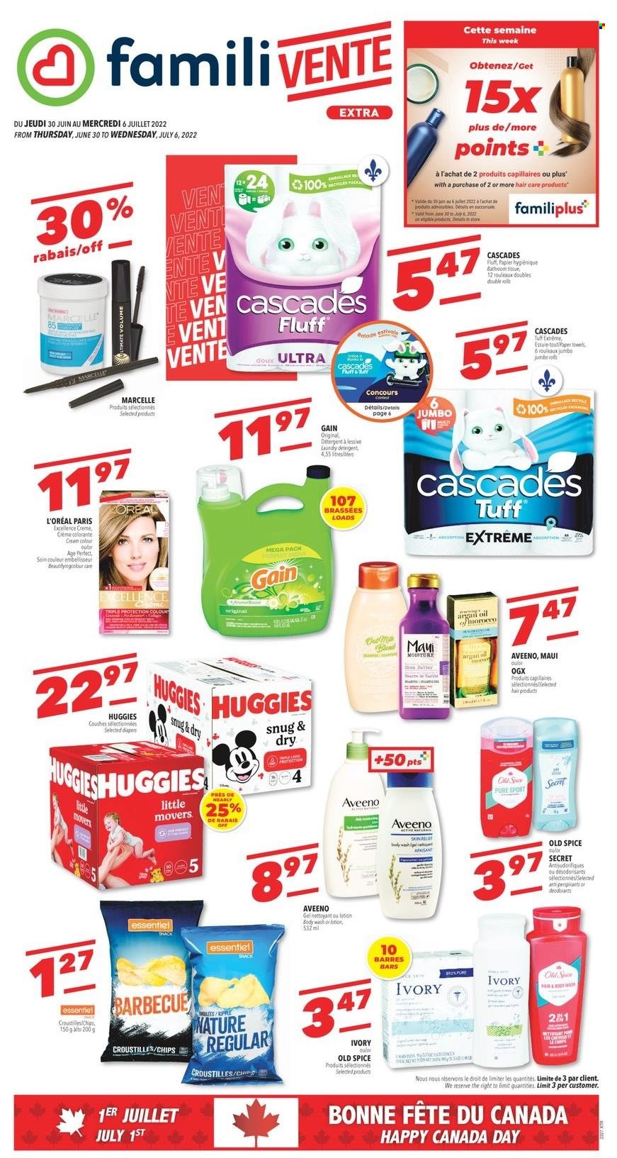 thumbnail - Familiprix Extra Flyer - June 30, 2022 - July 06, 2022 - Sales products - snack, chips, spice, Boost, Aveeno, bath tissue, kitchen towels, paper towels, Gain, laundry detergent, body wash, L’Oréal, OGX, body lotion, argan oil, detergent, Huggies, Old Spice, deodorant. Page 1.