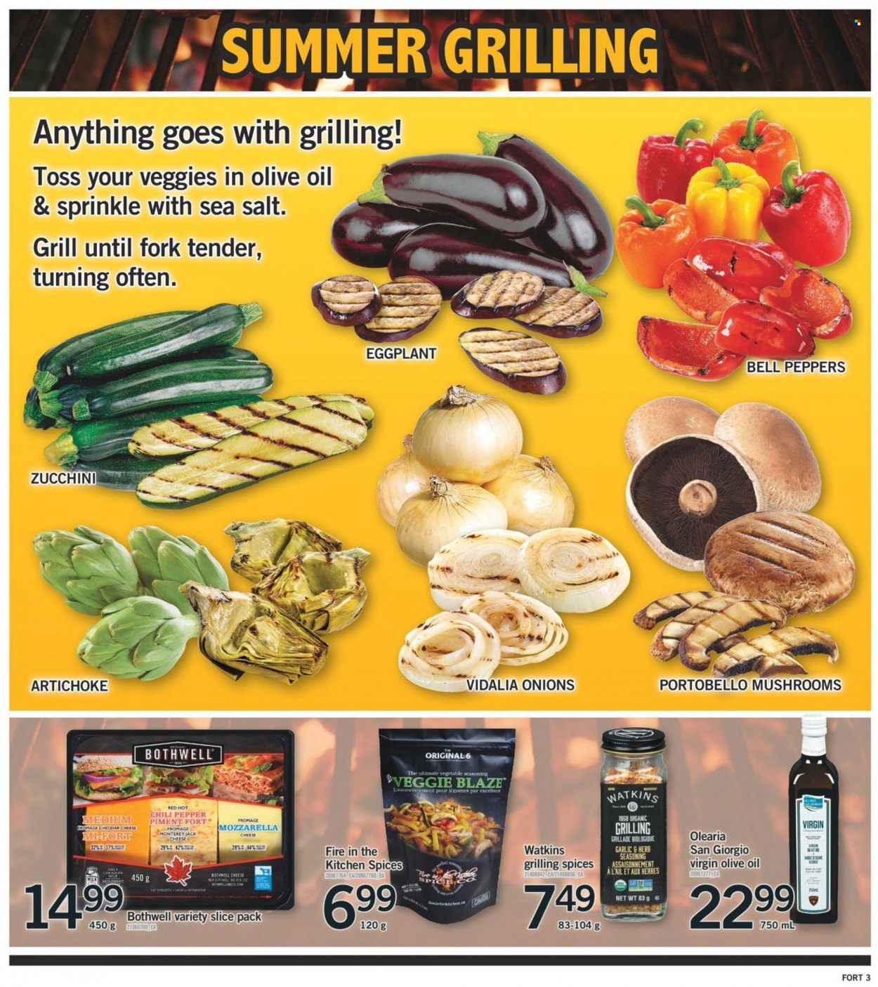 thumbnail - Fortinos Flyer - June 30, 2022 - July 06, 2022 - Sales products - portobello mushrooms, mushrooms, artichoke, bell peppers, zucchini, onion, peppers, eggplant, Monterey Jack cheese, cheddar, cheese, milk, pepper, spice, fork, grill, Canon, mozzarella. Page 4.