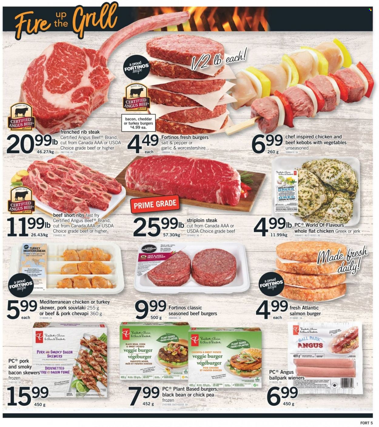 thumbnail - Fortinos Flyer - June 30, 2022 - July 06, 2022 - Sales products - corn, sweet potato, salmon, veggie burger, beef burger, bacon, cheddar, cheese, Président, worcestershire sauce, beef meat, beef ribs, striploin steak, turkey burger, grill, plant seeds, steak. Page 6.