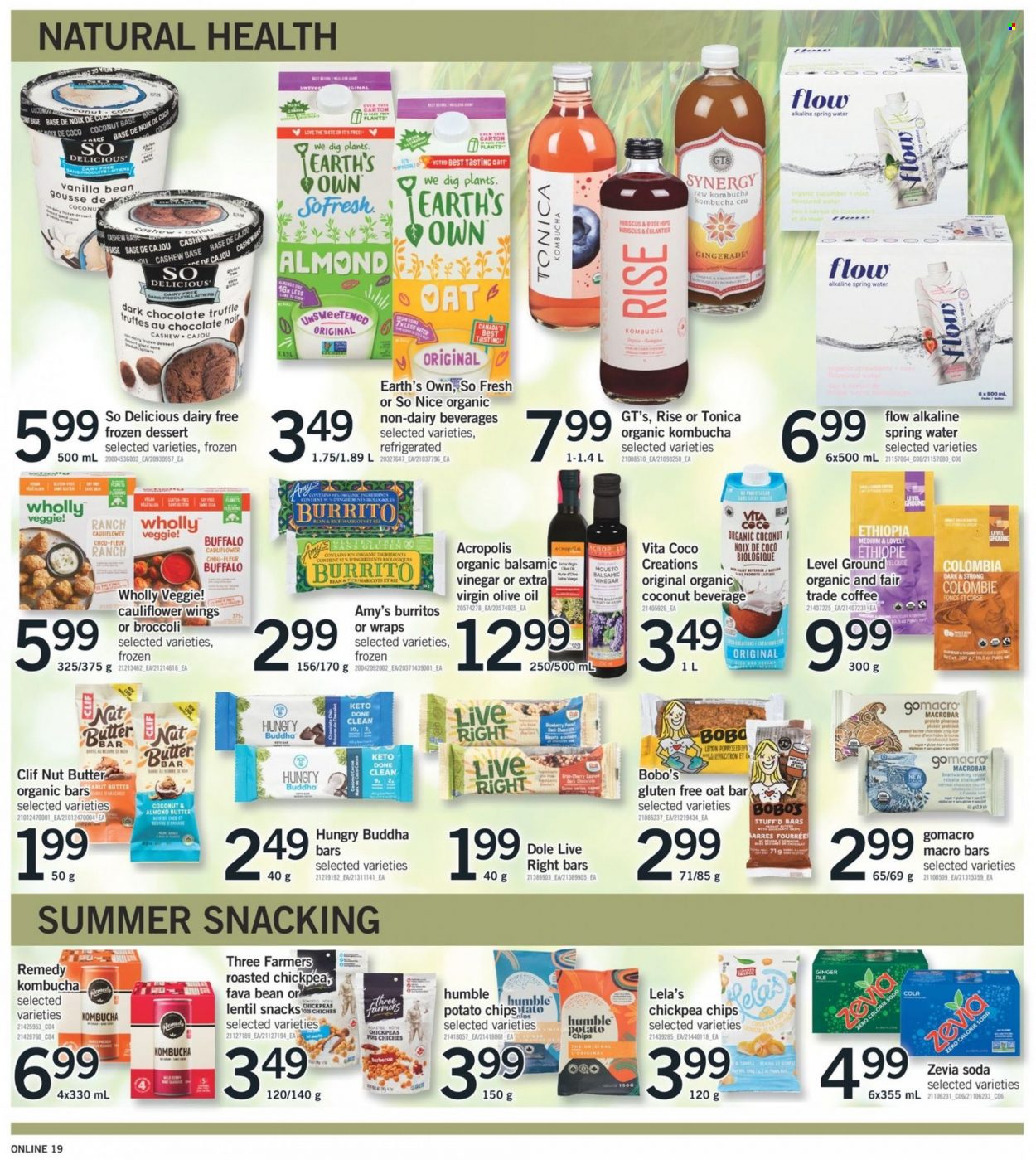 thumbnail - Fortinos Flyer - June 30, 2022 - July 06, 2022 - Sales products - wraps, fava beans, Dole, cherries, burrito, almond butter, chocolate, snack, truffles, dark chocolate, potato chips, oats, rice, chickpeas, balsamic vinegar, extra virgin olive oil, olive oil, oil, peanut butter, nut butter, almonds, ginger ale, spring water, soda, kombucha, coffee, wine, So Nice, rosé wine. Page 18.
