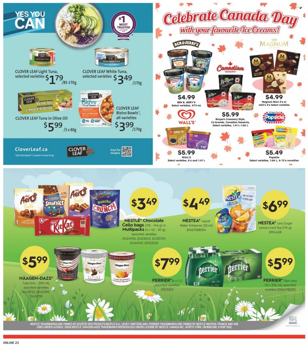 thumbnail - Fortinos Flyer - June 30, 2022 - July 06, 2022 - Sales products - mango, seafood, Clover, shake, Magnum, Häagen-Dazs, Ben & Jerry's, fudge, chocolate, truffles, KitKat, light tuna, Good Life, ice tea, Perrier, spring water, bubble tea, coffee, Cello, Nestlé, Smarties. Page 22.