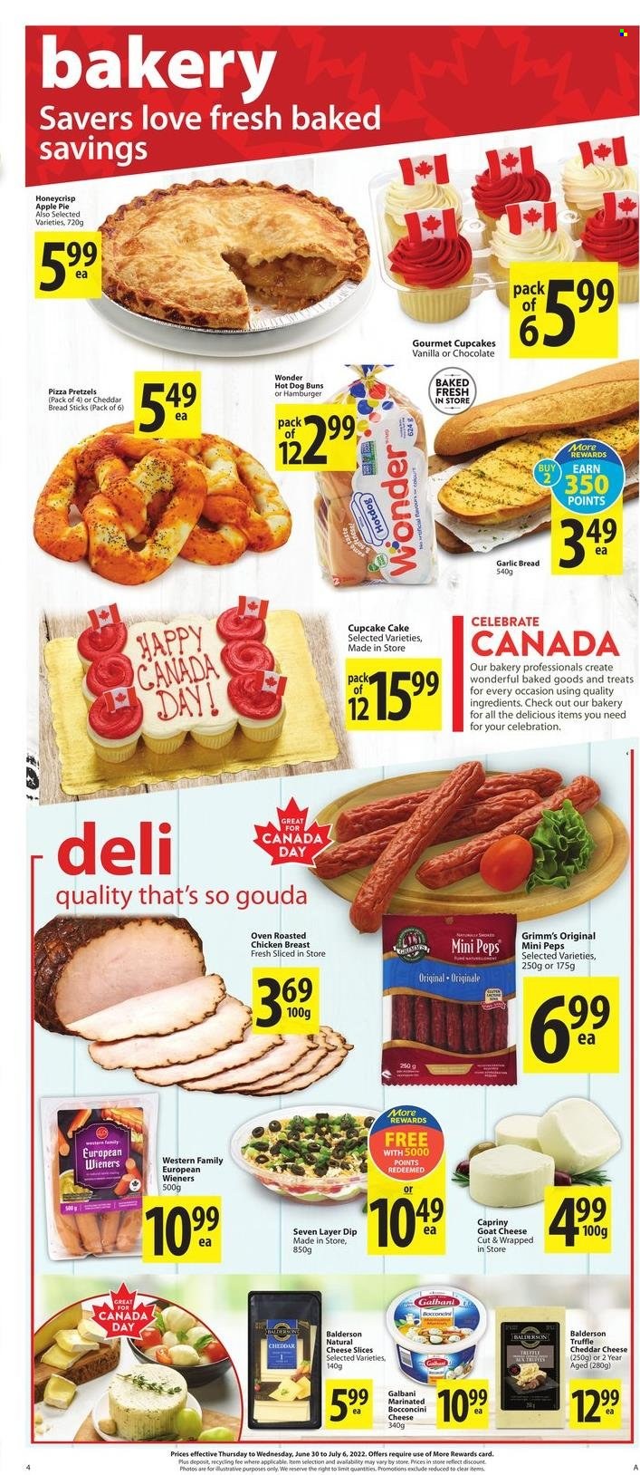 thumbnail - Save-On-Foods Flyer - June 30, 2022 - July 06, 2022 - Sales products - pretzels, cake, buns, apple pie, cupcake, pizza, chicken roast, hamburger, bocconcini, gouda, sliced cheese, Galbani, truffles, Celebration, bread sticks, chicken breasts, chicken. Page 4.