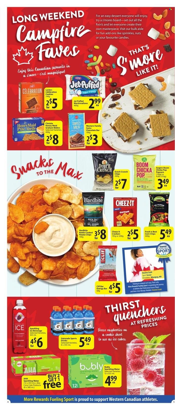 thumbnail - Save-On-Foods Flyer - June 30, 2022 - July 06, 2022 - Sales products - puffs, milk, ice cubes, cookies, fudge, marshmallows, wafers, Celebration, crackers, chocolate bar, potato chips, chips, corn chips, popcorn, Cheez-It, Honey Maid, Coca-Cola, Gatorade, sparkling water, tea, Scott, Voom, Jet. Page 5.
