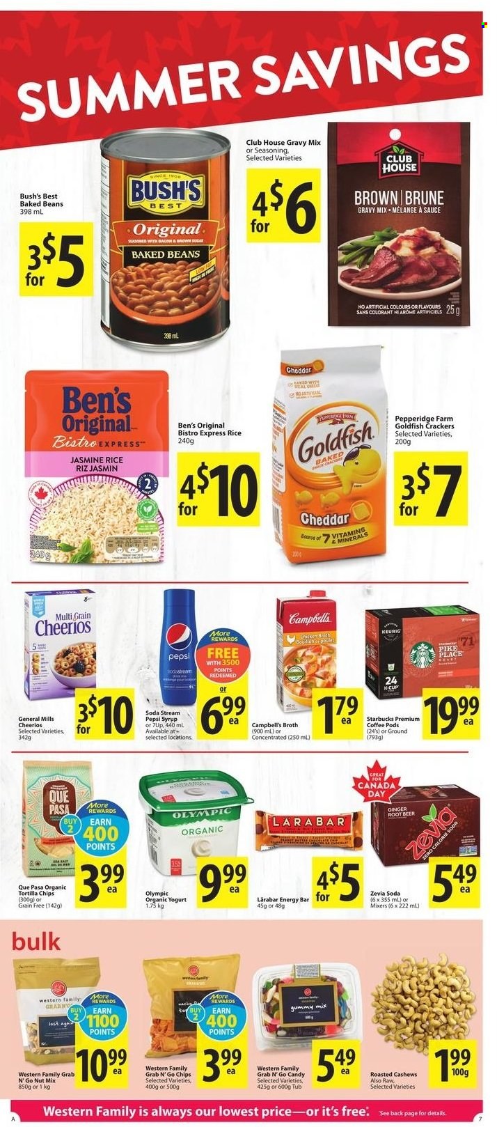 thumbnail - Save-On-Foods Flyer - June 30, 2022 - July 06, 2022 - Sales products - ginger, Campbell's, sauce, cheese, yoghurt, organic yoghurt, crackers, tortilla chips, chips, Goldfish, bouillon, chicken broth, broth, baked beans, Cheerios, rice, jasmine rice, gravy mix, spice, syrup, cashews, Pepsi, 7UP, coffee pods, coffee capsules, Starbucks, K-Cups, beer, SodaStream. Page 7.
