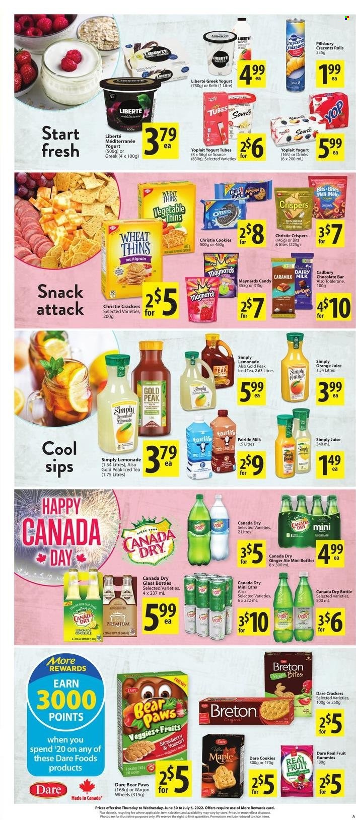 thumbnail - Save-On-Foods Flyer - June 30, 2022 - July 06, 2022 - Sales products - croissant, Pillsbury, greek yoghurt, yoghurt, Yoplait, milk, kefir, cookies, snack, crackers, Toblerone, Cadbury, chocolate bar, chips, Thins, Canada Dry, ginger ale, lemonade, orange juice, juice, ice tea, Oreo. Page 9.