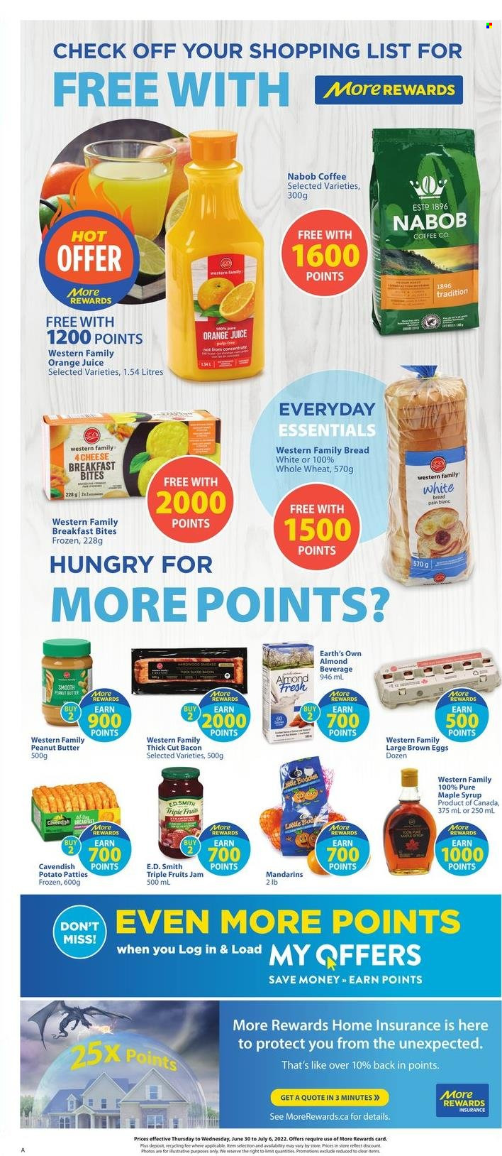 thumbnail - Save-On-Foods Flyer - June 30, 2022 - July 06, 2022 - Sales products - bread, white bread, mandarines, bacon, eggs, maple syrup, fruit jam, syrup, orange juice, juice, coffee. Page 12.