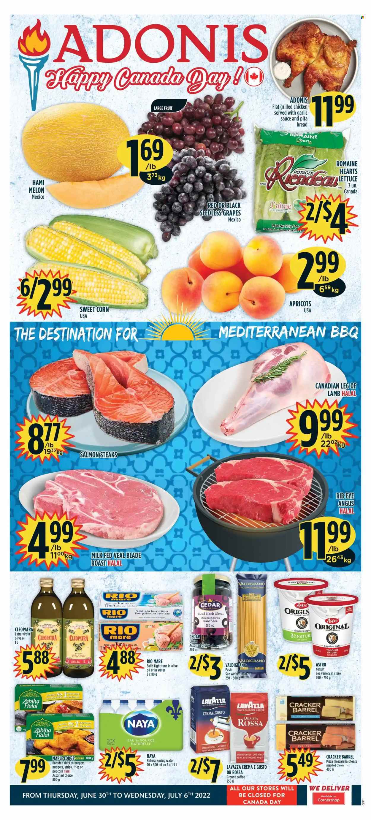 thumbnail - Adonis Flyer - June 30, 2022 - July 06, 2022 - Sales products - pita, corn, grapes, seedless grapes, melons, apricots, salmon, tuna, spaghetti, pizza, nuggets, hamburger, pasta, fried chicken, yoghurt, milk, potato fries, crackers, popcorn, tuna in water, light tuna, garlic sauce, extra virgin olive oil, spring water, coffee, ground coffee, Lavazza, beef meat, lamb leg, olives, steak. Page 1.