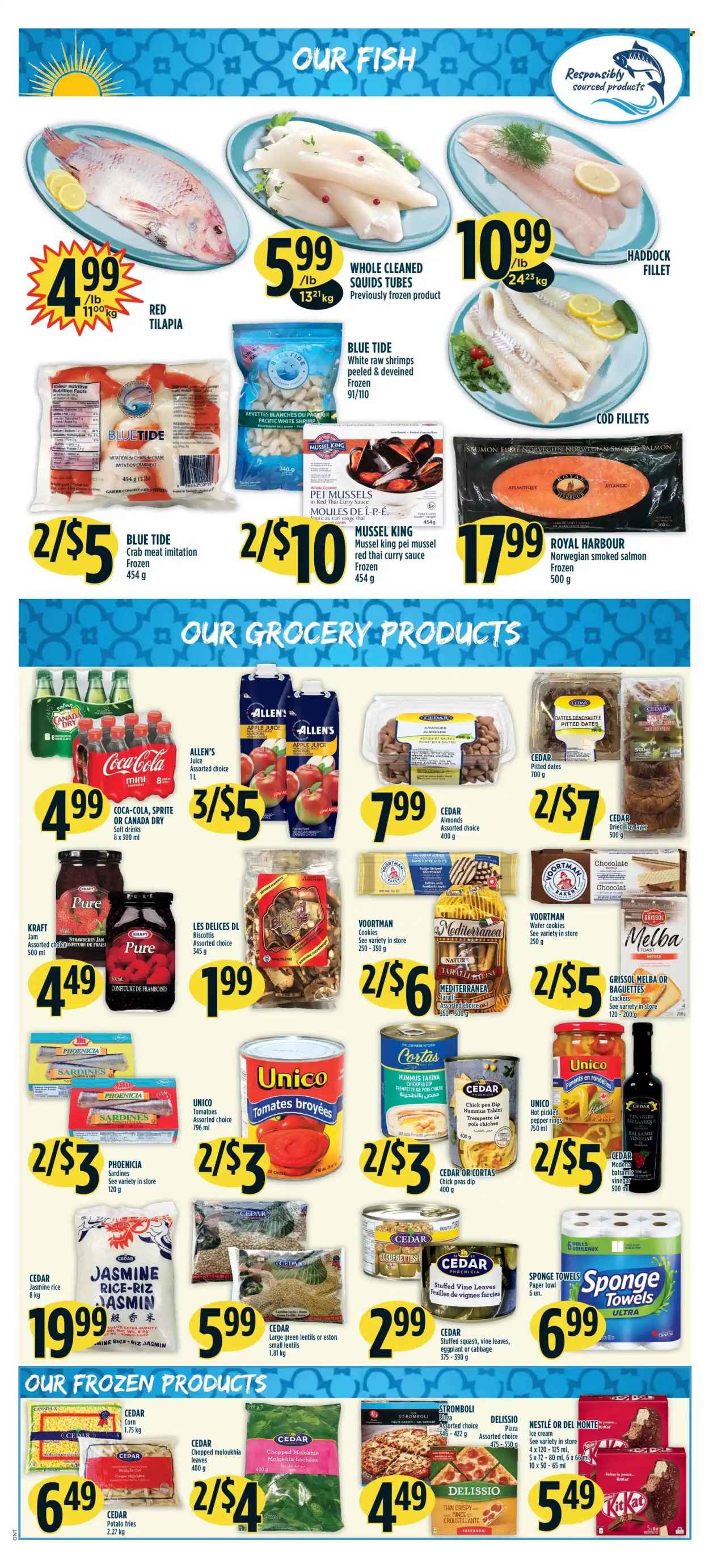 thumbnail - Adonis Flyer - June 30, 2022 - July 06, 2022 - Sales products - corn, figs, cod, crab meat, mussels, salmon, sardines, smoked salmon, tilapia, haddock, crab, fish, shrimps, pizza, Kraft®, pepperoni, hummus, potato fries, cookies, fudge, wafers, KitKat, crackers, lentils, strawberry jam, jasmine rice, pepper, tahini, curry sauce, balsamic vinegar, soya oil, vinegar, oil, fruit jam, almonds, dried fruit, dried dates, dried figs, apple juice, Canada Dry, Coca-Cola, Sprite, juice, soft drink, Tide, baguette, Nestlé. Page 3.
