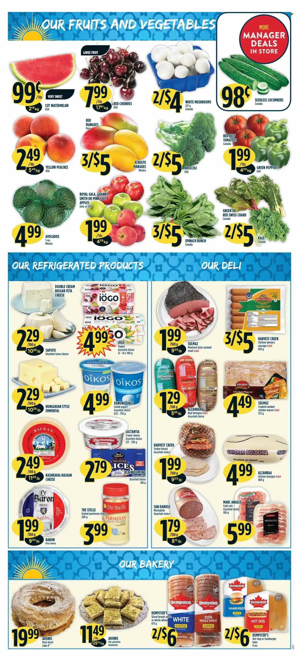 thumbnail - Adonis Flyer - June 30, 2022 - July 06, 2022 - Sales products - mushrooms, cake, buns, burger buns, broccoli, cucumber, kale, peppers, apples, avocado, Gala, mango, watermelon, cherries, peaches, Granny Smith, Pink Lady, hot dog, mortadella, prosciutto, bologna sausage, sausage, cream cheese, sliced cheese, cheddar, parmesan, cheese, brie, feta, greek yoghurt, yoghurt, Oikos, turkey breast, turkey, calcium, olives, Danone. Page 4.