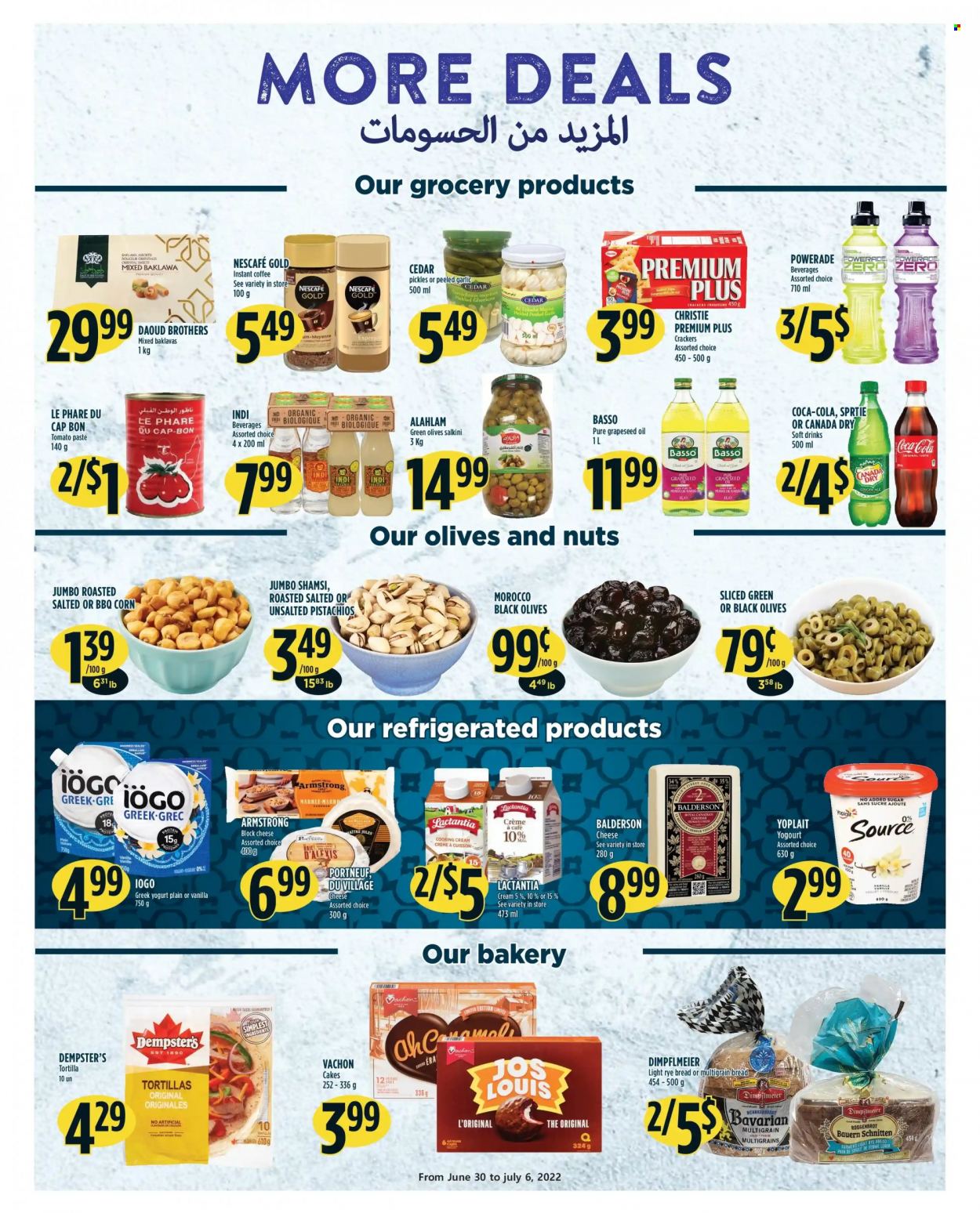 thumbnail - Adonis Flyer - June 30, 2022 - July 06, 2022 - Sales products - multigrain bread, tortillas, cake, corn, garlic, cheddar, cheese, greek yoghurt, yoghurt, Yoplait, crackers, tomato paste, pickles, oil, grape seed oil, pistachios, Canada Dry, Coca-Cola, Powerade, soft drink, instant coffee, BROTHERS, olives, Nescafé. Page 8.