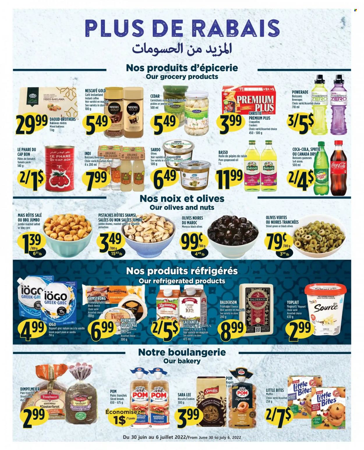 thumbnail - Adonis Flyer - June 30, 2022 - July 06, 2022 - Sales products - bagels, bread, Sara Lee, muffin, corn, garlic, sandwich, cheese, greek yoghurt, yoghurt, Yoplait, cookies, chocolate, crackers, biscuit, Little Bites, tomato paste, pickles, oil, grape seed oil, pistachios, Canada Dry, Coca-Cola, ginger ale, Powerade, soft drink, spring water, instant coffee, BROTHERS, olives, Nescafé. Page 8.