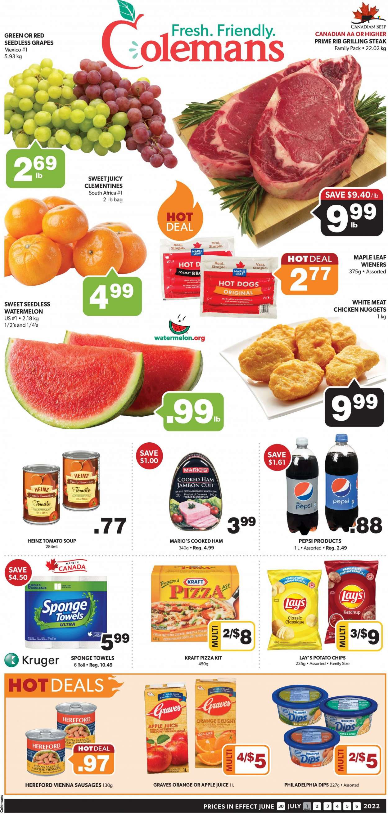 thumbnail - Colemans Flyer - June 30, 2022 - July 06, 2022 - Sales products - clementines, grapes, seedless grapes, watermelon, tomato soup, hot dog, pizza, condensed soup, soup, nuggets, chicken nuggets, instant soup, Kraft®, cooked ham, ham, sausage, vienna sausage, dill pickle, potato chips, chips, Lay’s, bouillon, chicken broth, broth, dill, spice, apple juice, Pepsi, juice, Diet Pepsi, vitamin c, Heinz, ketchup, Philadelphia, steak, oranges. Page 1.