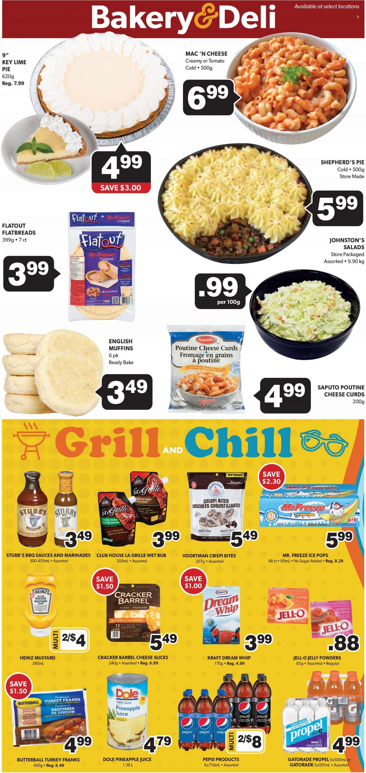 thumbnail - Colemans Flyer - June 30, 2022 - July 06, 2022 - Sales products - english muffins, flatbread, onion, Dole, pineapple, pizza, Kraft®, Butterball, sliced cheese, cheese curd, milk, cookies, jelly, crackers, biscuit, cocoa, Jell-O, mustard, pineapple juice, Pepsi, juice, Gatorade, turkey, vitamin c, calcium, Heinz, oranges. Page 5.