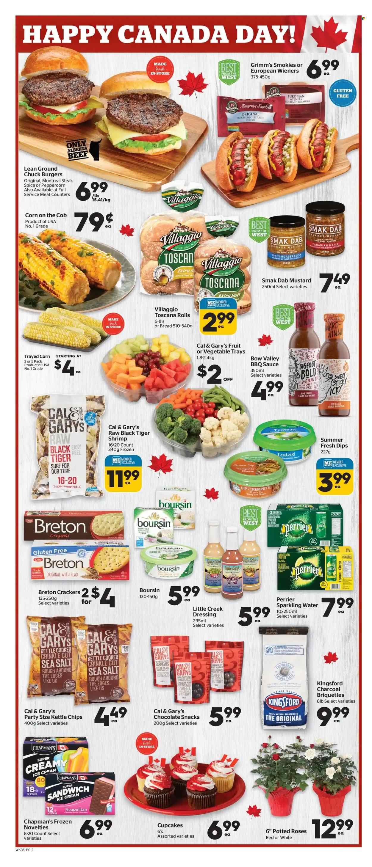 thumbnail - Calgary Co-op Flyer - June 30, 2022 - July 06, 2022 - Sales products - cupcake, corn, shrimps, hamburger, Kingsford, tzatziki, snack, crackers, dark chocolate, spice, BBQ sauce, mustard, dressing, honey, almonds, cashews, Perrier, spring water, sparkling water, ground chuck, Surf, steak. Page 2.