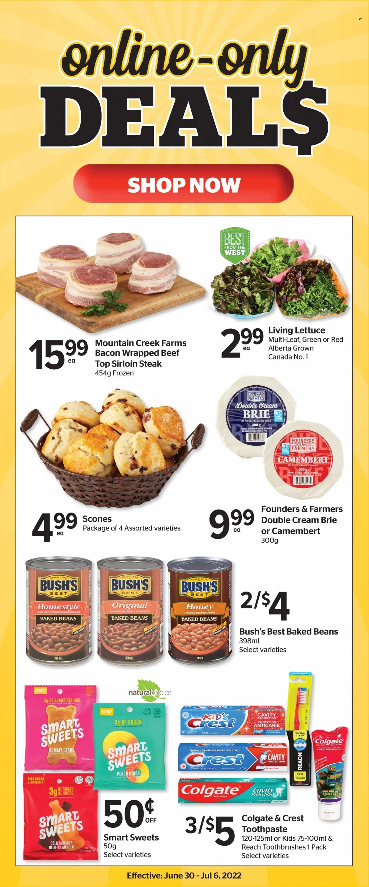 thumbnail - Calgary Co-op Flyer - June 30, 2022 - July 06, 2022 - Sales products - beans, lettuce, sauce, brie, cane sugar, baked beans, honey, beef sirloin, sirloin steak, toothpaste, Crest, bag, turtles, camembert, Canon, Colgate, steak. Page 4.