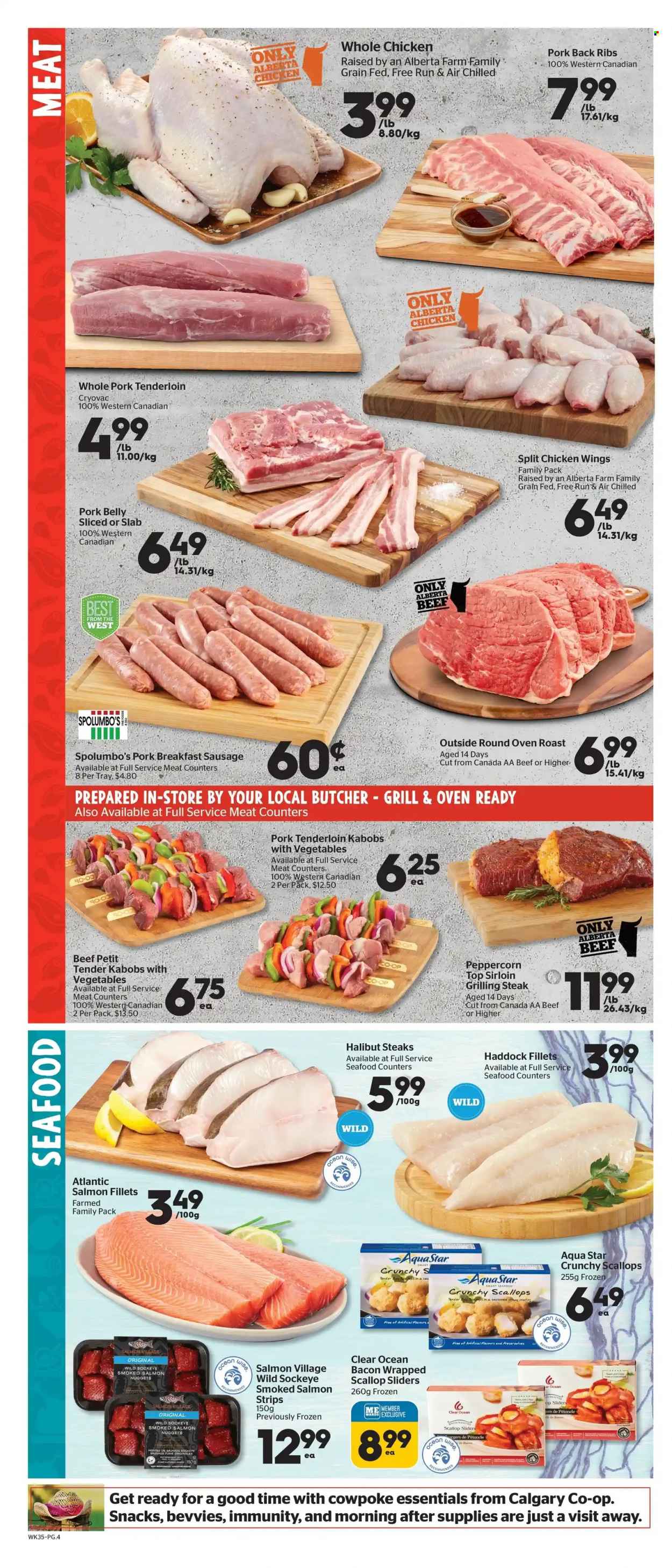 thumbnail - Calgary Co-op Flyer - June 30, 2022 - July 06, 2022 - Sales products - salmon, salmon fillet, scallops, smoked salmon, haddock, halibut, seafood, nuggets, bacon, sausage, chicken wings, strips, snack, whole chicken, chicken, pork belly, pork meat, pork ribs, pork tenderloin, pork back ribs, steak. Page 5.