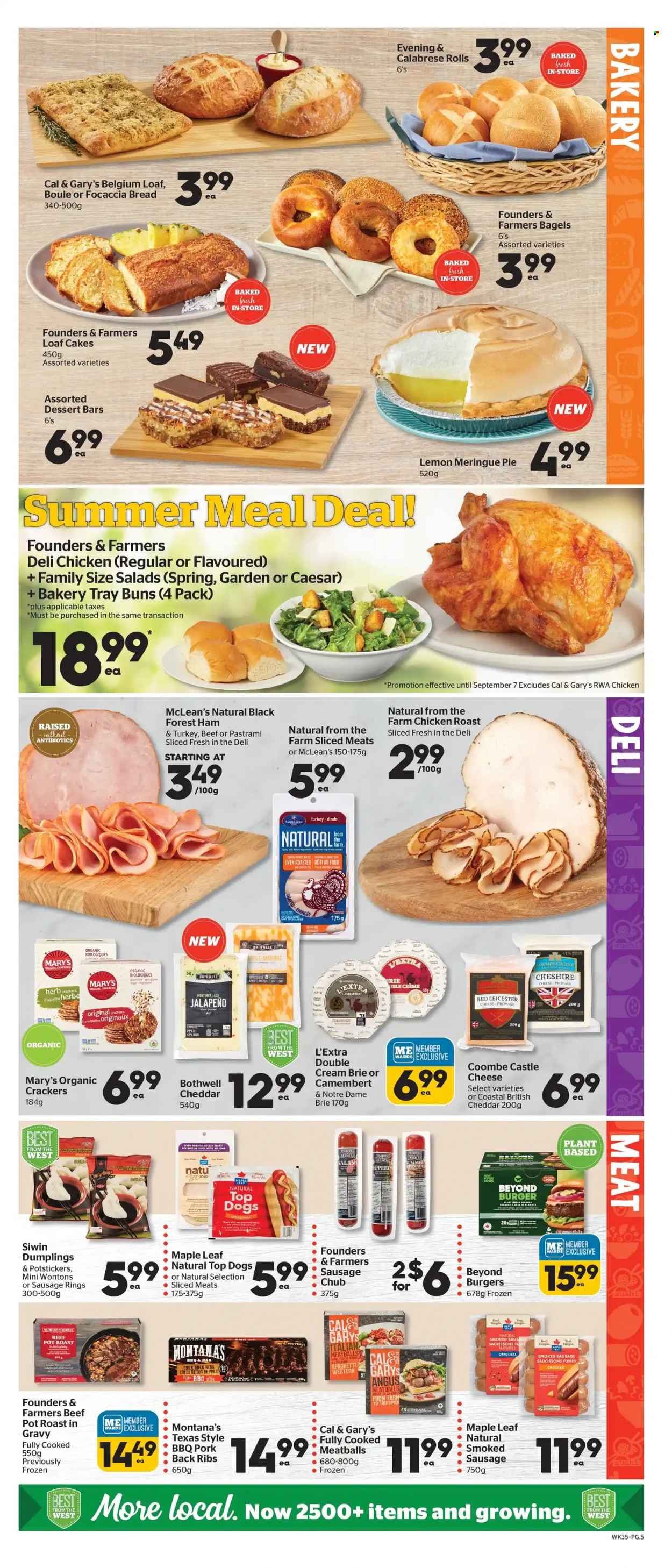 thumbnail - Calgary Co-op Flyer - June 30, 2022 - July 06, 2022 - Sales products - bagels, bread, cake, pie, buns, focaccia, jalapeño, spaghetti, chicken roast, meatballs, hamburger, dumplings, ham, pastrami, sausage, smoked sausage, summer sausage, Monterey Jack cheese, Red Leicester, cheddar, Cheshire cheese, cheese, brie, crackers, herbs, Castle, beef meat, pork meat, pork ribs, pork back ribs, camembert. Page 6.