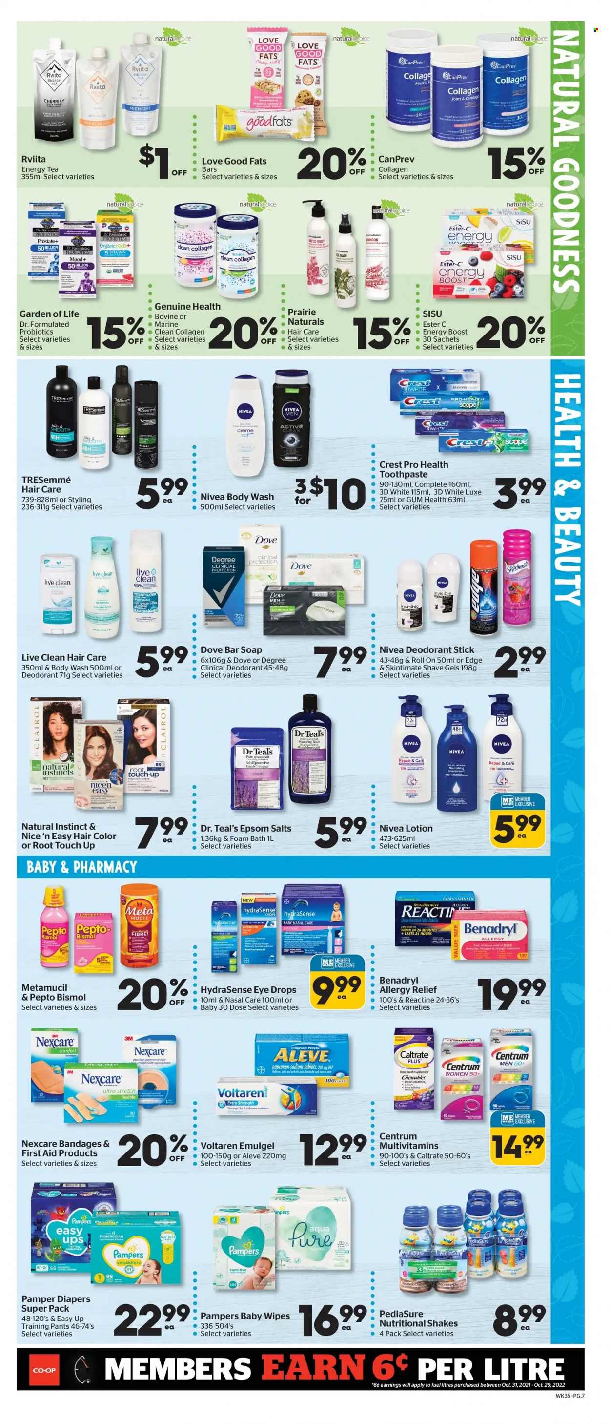 thumbnail - Calgary Co-op Flyer - June 30, 2022 - July 06, 2022 - Sales products - cherries, shake, white chocolate, Boost, tea, wipes, pants, baby wipes, nappies, baby pants, Nivea, body wash, bath foam, soap bar, soap, toothpaste, Crest, Clairol, TRESemmé, hair color, body lotion, Absolute, anti-perspirant, roll-on, Aleve, Ester-c, multivitamin, probiotics, eye drops, Centrum, Metamucil, allergy relief, health supplement, Dove, shampoo, Pampers, deodorant. Page 8.