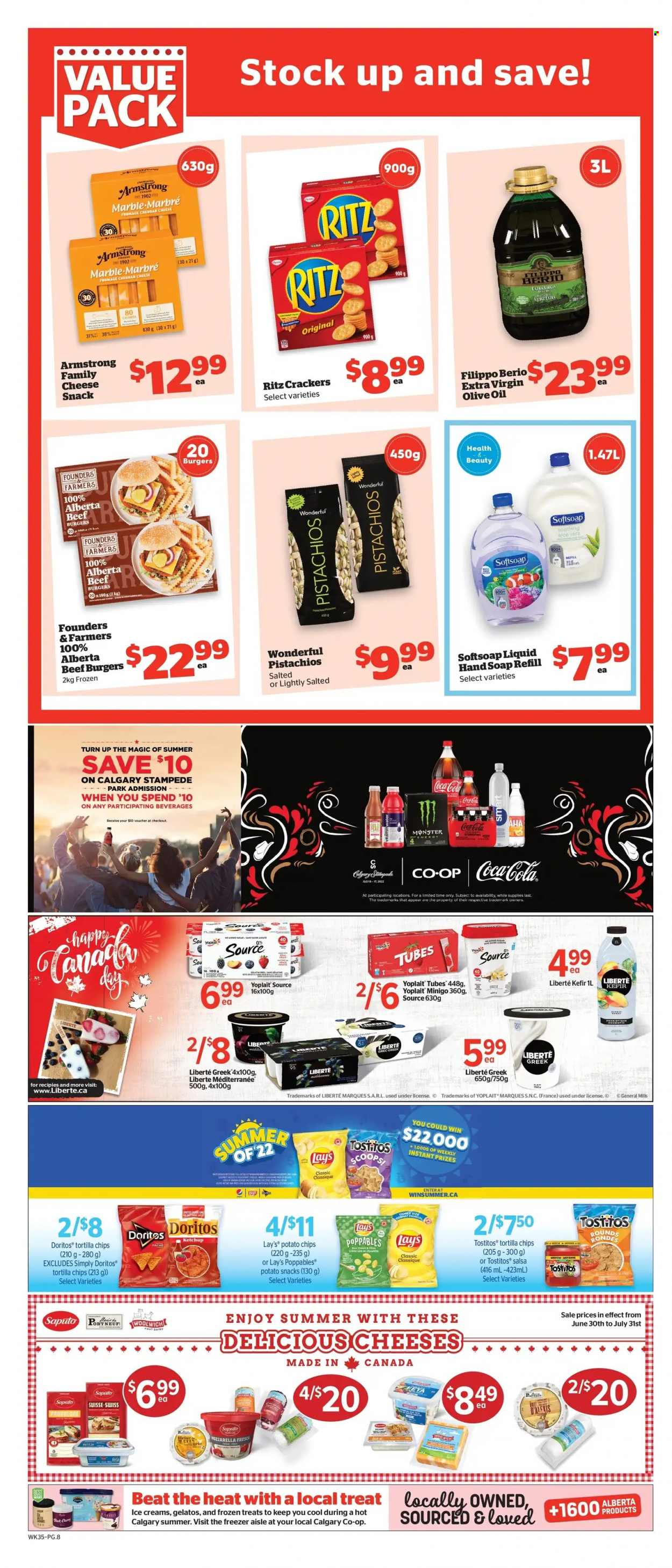 thumbnail - Calgary Co-op Flyer - June 30, 2022 - July 06, 2022 - Sales products - cherries, hamburger, beef burger, cheese, feta, Yoplait, kefir, snack, crackers, RITZ, Doritos, tortilla chips, potato chips, Lay’s, Tostitos, salsa, extra virgin olive oil, olive oil, oil, pistachios, Coca-Cola, Monster, Softsoap, hand soap, soap, mozzarella, ketchup. Page 9.