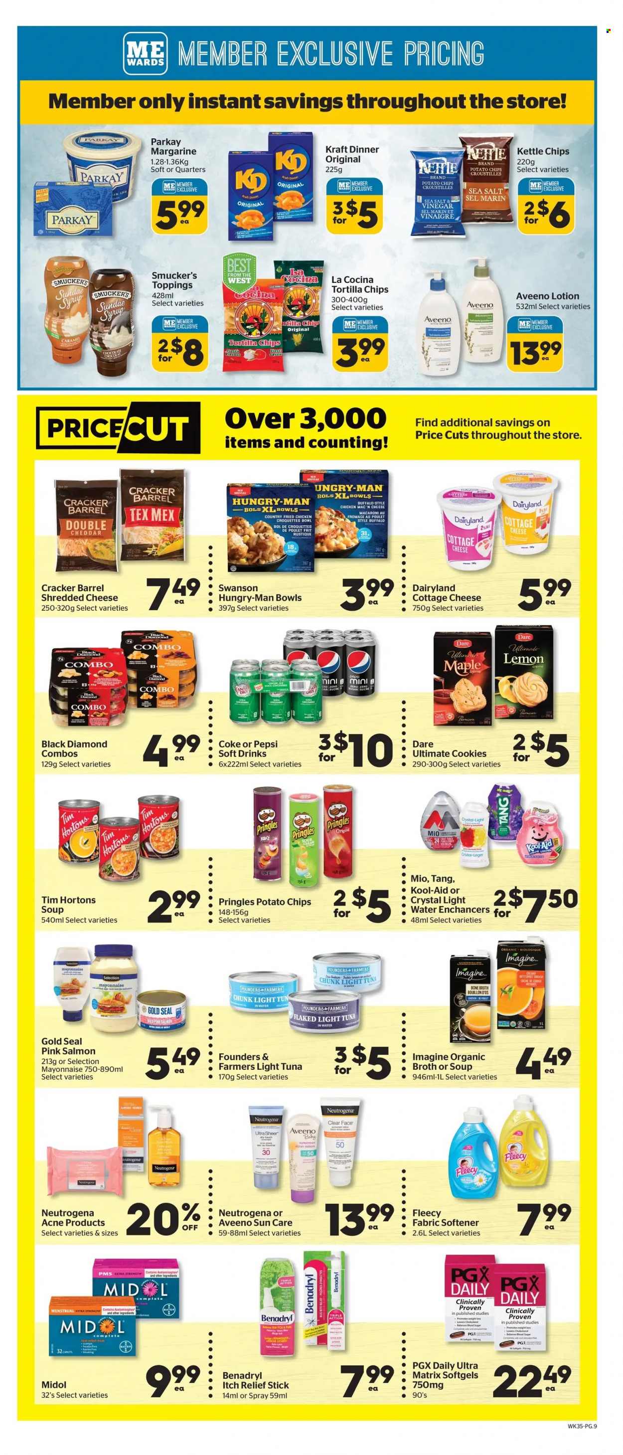 thumbnail - Calgary Co-op Flyer - June 30, 2022 - July 06, 2022 - Sales products - butternut squash, salmon, tuna, macaroni, soup, fried chicken, Kraft®, cottage cheese, shredded cheese, margarine, mayonnaise, potato croquettes, cookies, chocolate, crackers, tortilla chips, potato chips, Pringles, chips, bouillon, broth, tuna in water, light tuna, caramel, syrup, Coca-Cola, Pepsi, soft drink, Aveeno, fabric softener, body lotion, bowl, kool aid, Neutrogena. Page 10.