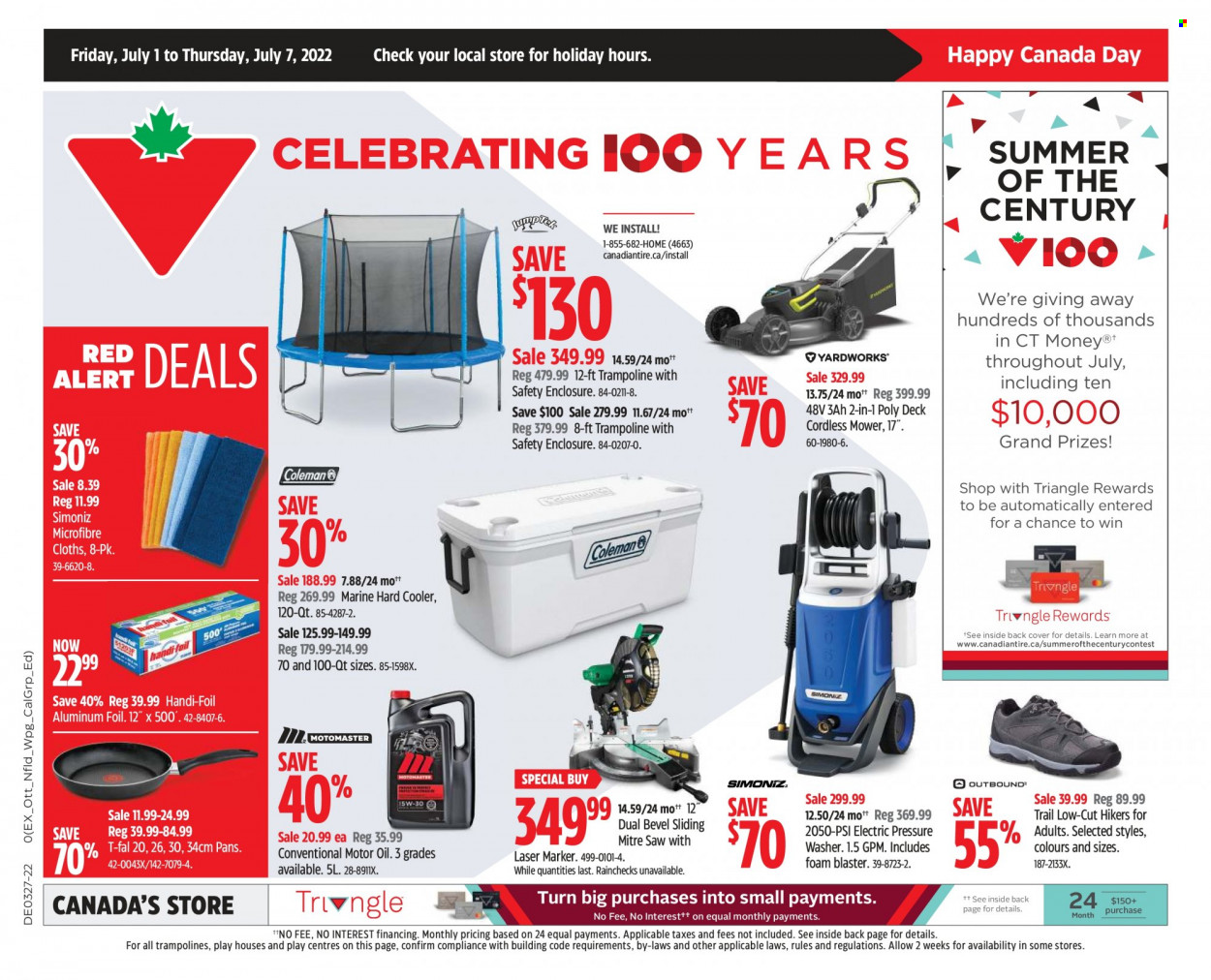 thumbnail - Canadian Tire Flyer - July 01, 2022 - July 07, 2022 - Sales products - aluminium foil, marker, hiking shoes, trampoline, saw, electric pressure washer, pressure washer, motor oil. Page 1.