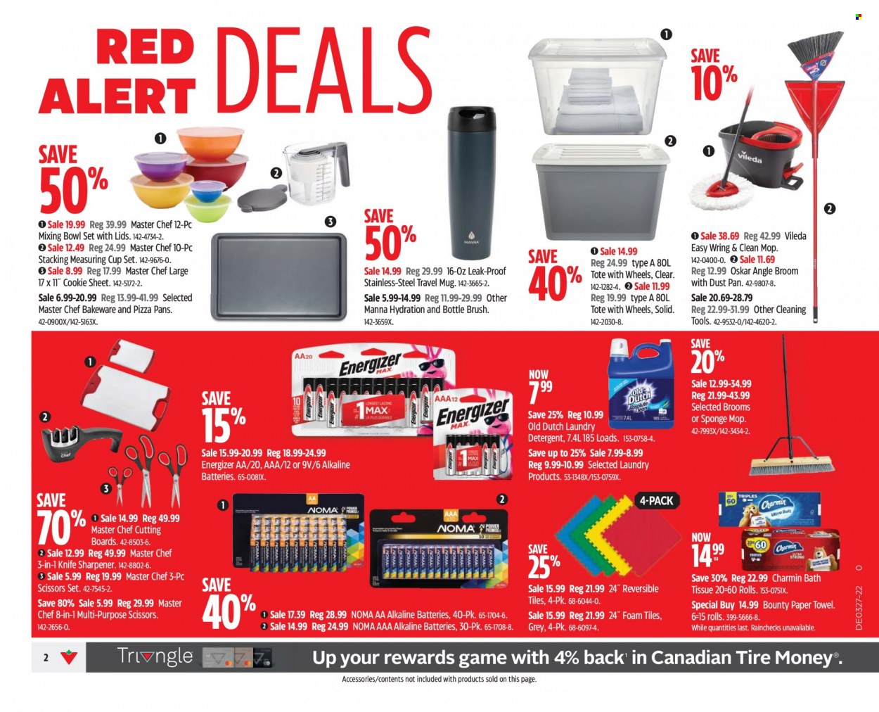 thumbnail - Canadian Tire Flyer - July 01, 2022 - July 07, 2022 - Sales products - bath tissue, Bounty, paper towels, Charmin, laundry detergent, knife, Vileda, cleaning tools, mop, broom, angle broom, mixing bowl, mug, sharpener, travel mug, bowl set, knife sharpener, bowl, measuring cup, bakeware, bottle brush, Manna, scissors, detergent, Energizer. Page 2.