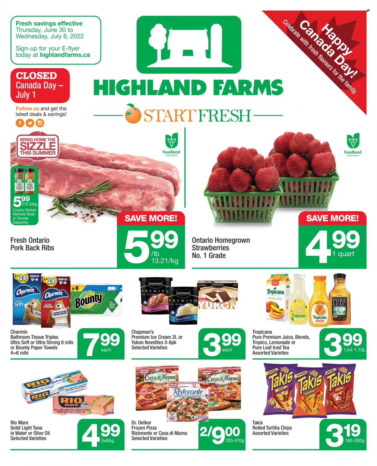 thumbnail - Highland Farms Flyer - June 30, 2022 - July 06, 2022 - Sales products - strawberries, tuna, pizza, Dr. Oetker, ice cream, Bounty, tortilla chips, tuna in water, light tuna, spice, olive oil, oil, lemonade, juice, ice tea, Pure Leaf, pork meat, pork ribs, pork back ribs, steak. Page 1.