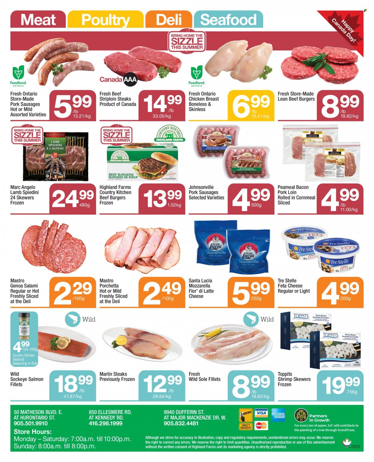 thumbnail - Highland Farms Flyer - June 30, 2022 - July 06, 2022 - Sales products - marlin, salmon, salmon fillet, seafood, shrimps, hamburger, beef burger, bacon, salami, Johnsonville, sausage, cheese, feta, Santa, spice, chicken breasts, chicken, beef meat, striploin steak, pork loin, pork meat, mozzarella, steak. Page 4.
