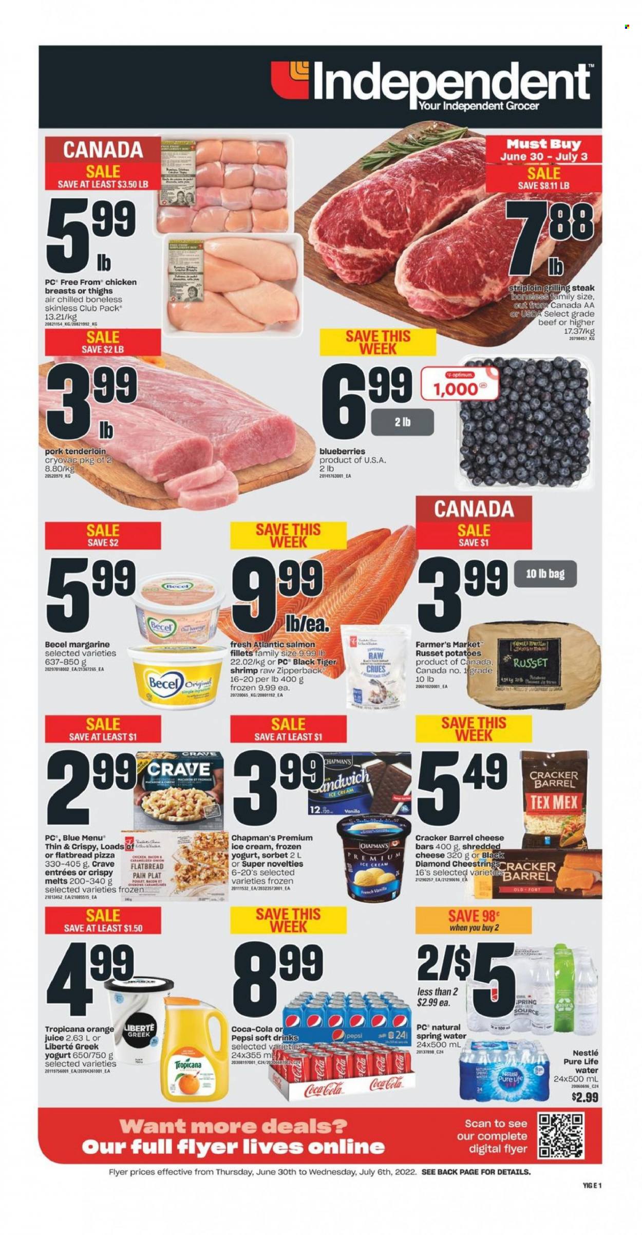 thumbnail - Independent Flyer - June 30, 2022 - July 06, 2022 - Sales products - flatbread, russet potatoes, potatoes, onion, blueberries, salmon, salmon fillet, shrimps, pizza, shredded cheese, yoghurt, margarine, ice cream, crackers, Coca-Cola, Pepsi, juice, soft drink, spring water, Pure Life Water, chicken breasts, pork meat, pork tenderloin, Optimum, Nestlé, steak, oranges. Page 1.