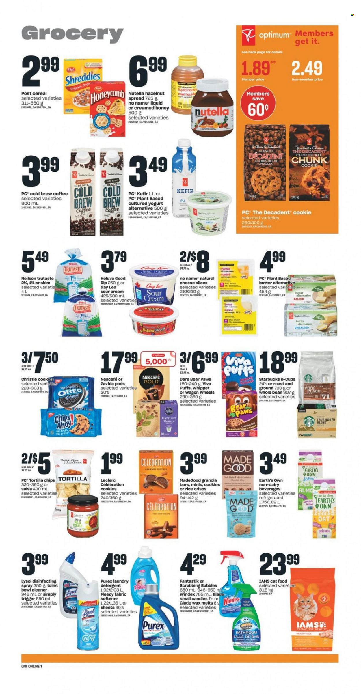 thumbnail - Independent Flyer - June 30, 2022 - July 06, 2022 - Sales products - puffs, No Name, sliced cheese, cheese, Président, yoghurt, Milo, kefir, butter, sour cream, dip, cookies, chocolate, truffles, Celebration, biscuit, tortilla chips, chips, rice crisps, cereals, granola bar, rice, salsa, honey, hazelnut spread, coffee, coffee capsules, Starbucks, K-Cups, Windex, Scrubbing Bubbles, cleaner, Lysol, fabric softener, laundry detergent, Purex, candle, Glade, animal food, Paws, cat food, Optimum, Iams, wagon, detergent, Nutella, Oreo, Nescafé. Page 5.