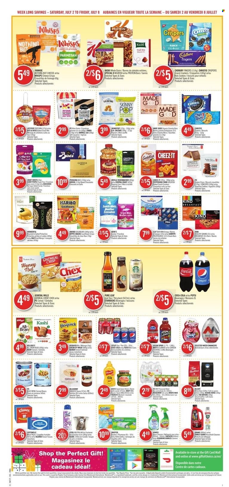 thumbnail - Shoppers Drug Mart Flyer - July 02, 2022 - July 08, 2022 - Sales products - tortillas, pie, cod, sauce, Quaker, parmesan, cookies, chocolate, snack, Haribo, Godiva, crackers, lollipop, Kellogg's, biscuit, Cadbury, Digestive, snack bar, chips, popcorn, Goldfish, Cheez-It, Skinny Pop, Bisquick, tabasco, oatmeal, cereals, Cream of Wheat, protein bar, granola bar, All-Bran, salsa, pistachios, trail mix, Coca-Cola, Pepsi, ice tea, Clamato, fruit punch, Pure Leaf, coffee, ground coffee, Starbucks, McCafe, Cottonelle, Kleenex, tissues, Windex, Scrubbing Bubbles, Swiffer, facial tissues, pot, candle, air freshener, Glade, panda, granola, Oreo, M&M's. Page 6.