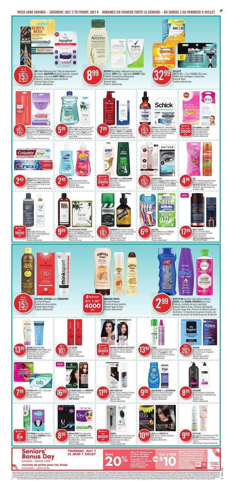 thumbnail - Shoppers Drug Mart Flyer - July 02, 2022 - July 08, 2022 - Sales products - Philips, ice cream, spice, Boost, Aquaphor, Aveeno, ointment, body wash, hand soap, Dial, soap, toothbrush, Crest, Playtex, Kotex, tampons, Gillette, L’Oréal, Olay, Root Touch-Up, Aussie, conditioner, TRESemmé, Palette, hair color, Herbal Essences, anti-perspirant, BIC, shave gel, Schick, Venus, hair removal, shaver, Veet, wax strips, disposable razor, lid, Optimum, zinc, Dove, Colgate, Neutrogena, shampoo, Old Spice, deodorant. Page 8.
