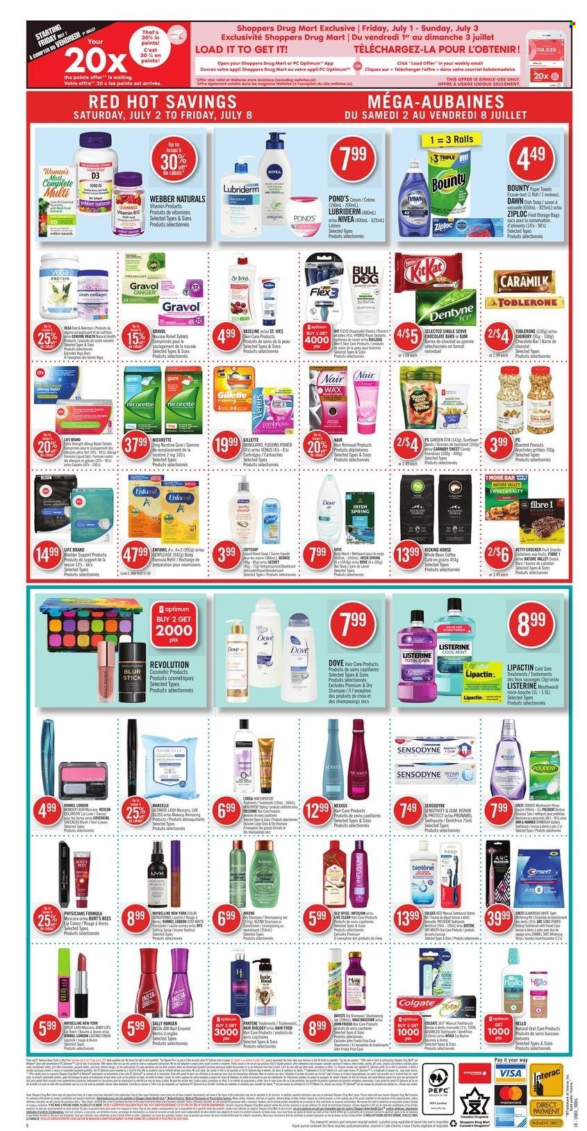 thumbnail - Shoppers Drug Mart Flyer - July 02, 2022 - July 08, 2022 - Sales products - Bounty, KitKat, brownies, Toblerone, Cadbury, chocolate bar, Nature Valley, ginger, spice, roasted peanuts, peanuts, coffee, Enfamil, Nivea, kitchen towels, paper towels, Lux, Softsoap, soap bar, POND'S, soap, toothpaste, mouthwash, Polident, Crest, Gillette, NYX Cosmetics, Nexxus, Lubriderm, Venus, hair removal, Ziploc, nail enamel, corrector, mascara, Maybelline, Rimmel, setting spray, storage bag, Optimum, Nicorette, nicotine therapy, vitamin B12, vitamin D3, Dove, Colgate, Listerine, Sally Hansen, shampoo, Pantene, Old Spice, Sensodyne. Page 10.