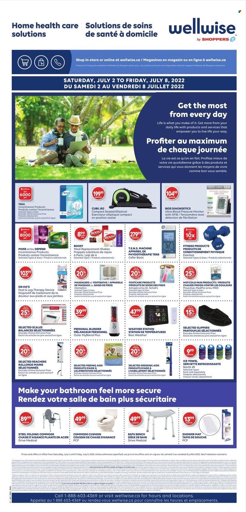 thumbnail - Shoppers Drug Mart Flyer - July 02, 2022 - July 08, 2022 - Sales products - shake, dressing, Boost, cushion, towel, Optimum, pressure monitor, bench, Everlast, Dr. Scholl's. Page 11.