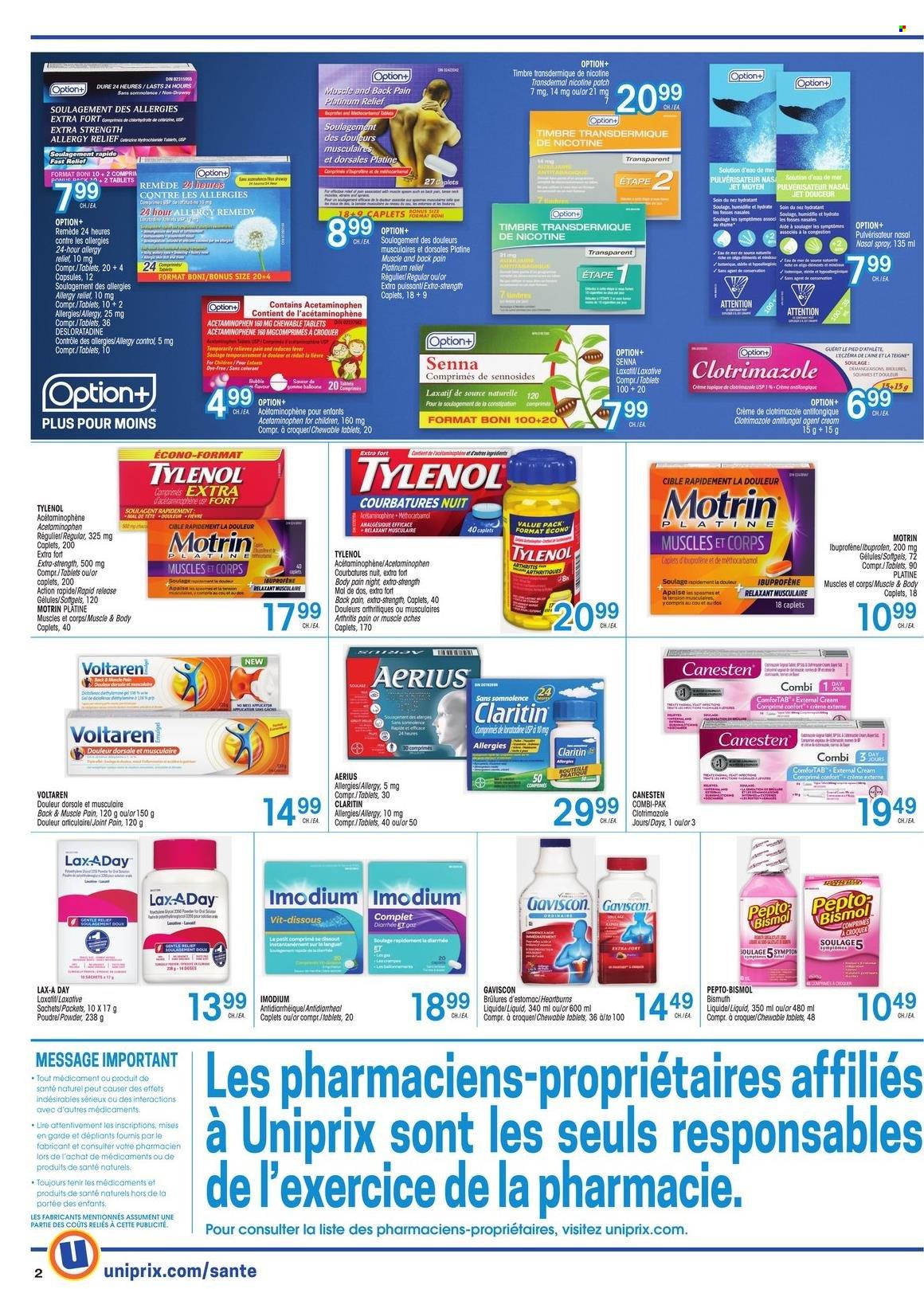 thumbnail - Uniprix Santé Flyer - June 30, 2022 - July 06, 2022 - Sales products - tea, Jet, Tylenol, Ibuprofen, Gaviscon, laxative, nasal spray, allergy relief, Motrin, Imodium. Page 2.