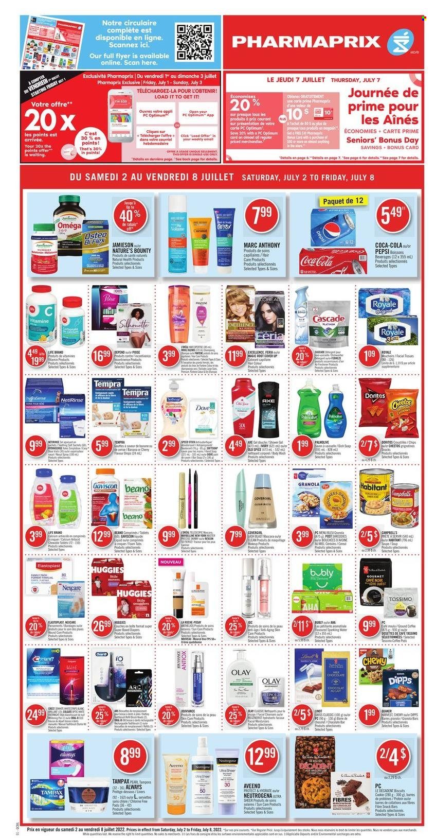 thumbnail - Pharmaprix Flyer - July 02, 2022 - July 08, 2022 - Sales products - brownies, cherries, coconut, Campbell's, soup, Quaker, chocolate, snack, biscuit, snack bar, Doritos, Cheetos, salt, granola bar, spice, caramel, Coca-Cola, Pepsi, sparkling water, coffee pods, ground coffee, nappies, Aveeno, Febreze, Clean Mate, Cascade, body wash, shower gel, Palmolive, soap bar, soap, Crest, tampons, L’Oréal, La Roche-Posay, Olay, Revlon, hair color, Axe, makeup, mascara, Maybelline, paper, Optimum, Nature's Bounty, Omega-3, Osteo bi-flex, Bi-Flex, Gaviscon, Antacid, calcium, detergent, Dove, Colgate, Neutrogena, Tampax, Huggies, Pantene, Old Spice, Lindt. Page 1.