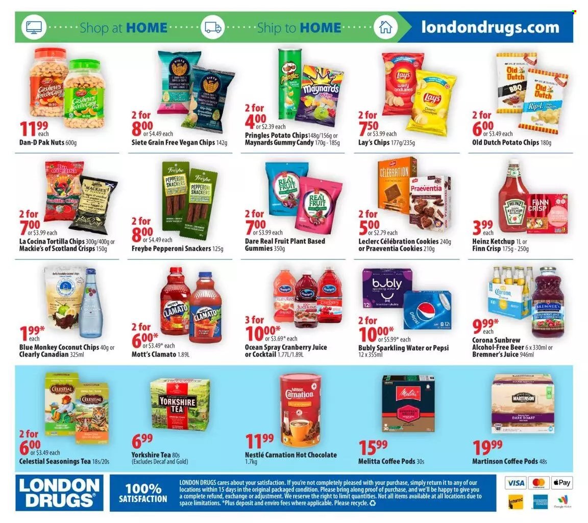 thumbnail - London Drugs Flyer - June 30, 2022 - July 06, 2022 - Sales products - cookies, Celebration, Mott's, tortilla chips, potato chips, Pringles, chips, Lay’s, Dan-D Pak, cashews, cranberry juice, Pepsi, juice, Clamato, sparkling water, hot chocolate, tea, coffee pods, alcohol, beer, Corona Extra, Jays, monkey, Nestlé, Heinz, ketchup. Page 16.