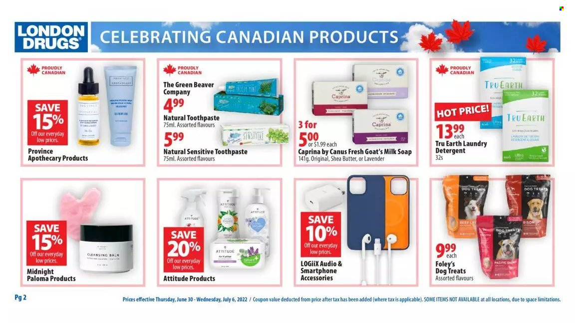 thumbnail - London Drugs Flyer - June 30, 2022 - July 06, 2022 - Sales products - laundry detergent, soap, toothpaste, shea butter, smartphone, detergent. Page 2.